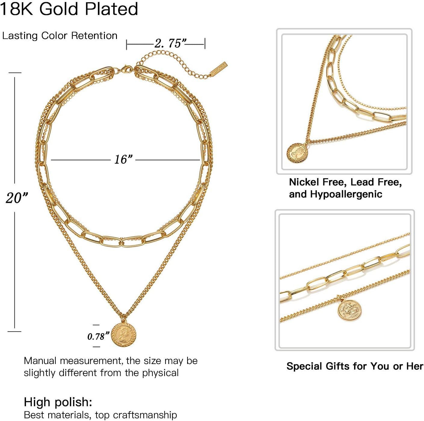 Gold Layered Necklaces for Women, Trendy Retro 18K Gold Plated Cross Pendant Necklace Chunky Chain Choker Gold Layering Necklaces for Women Birthday Valentine's Day Gifts(6pcs)