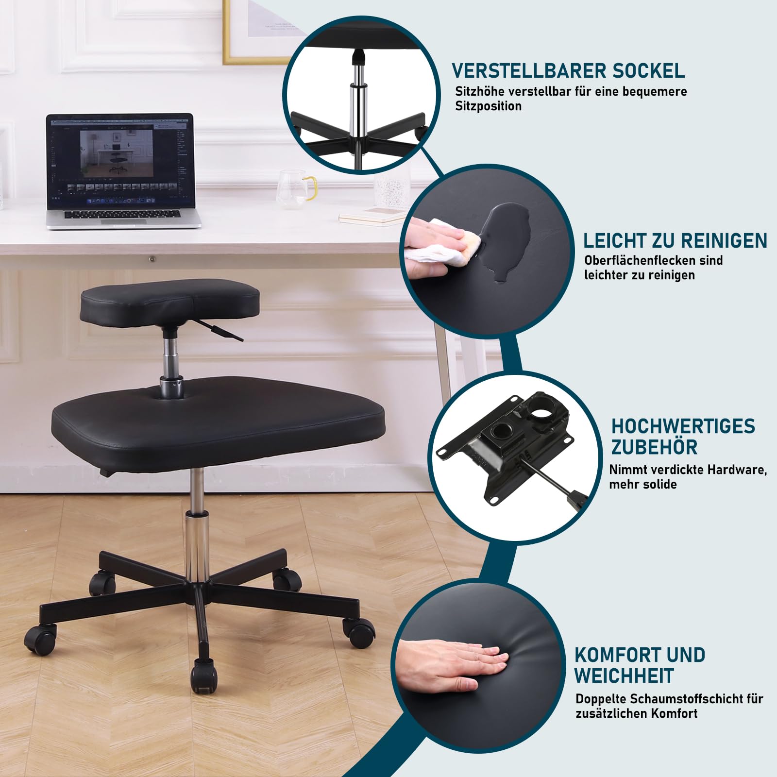Ergonomischer Meditationsstuhl, ADHS-Stuhl mit Lendenwirbelstütze und Rädern, höhenverstellbar, Bürostuhl mit gekreuzten Beinen und Beinauflage, Criss Cross Chair (weiß)
