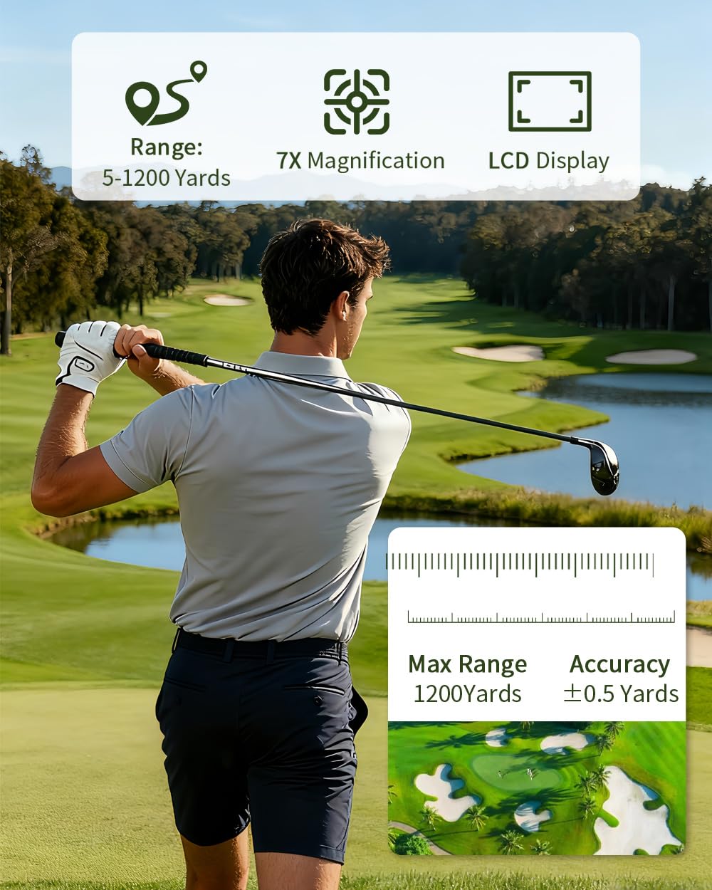 Télémètre de golf avec pente – Télémètre laser de 1 200 m avec verrouillage du drapeau, grossissement 7x, verrouillage du mât avec vibration d'impulsion, rechargeable, bande magnétique