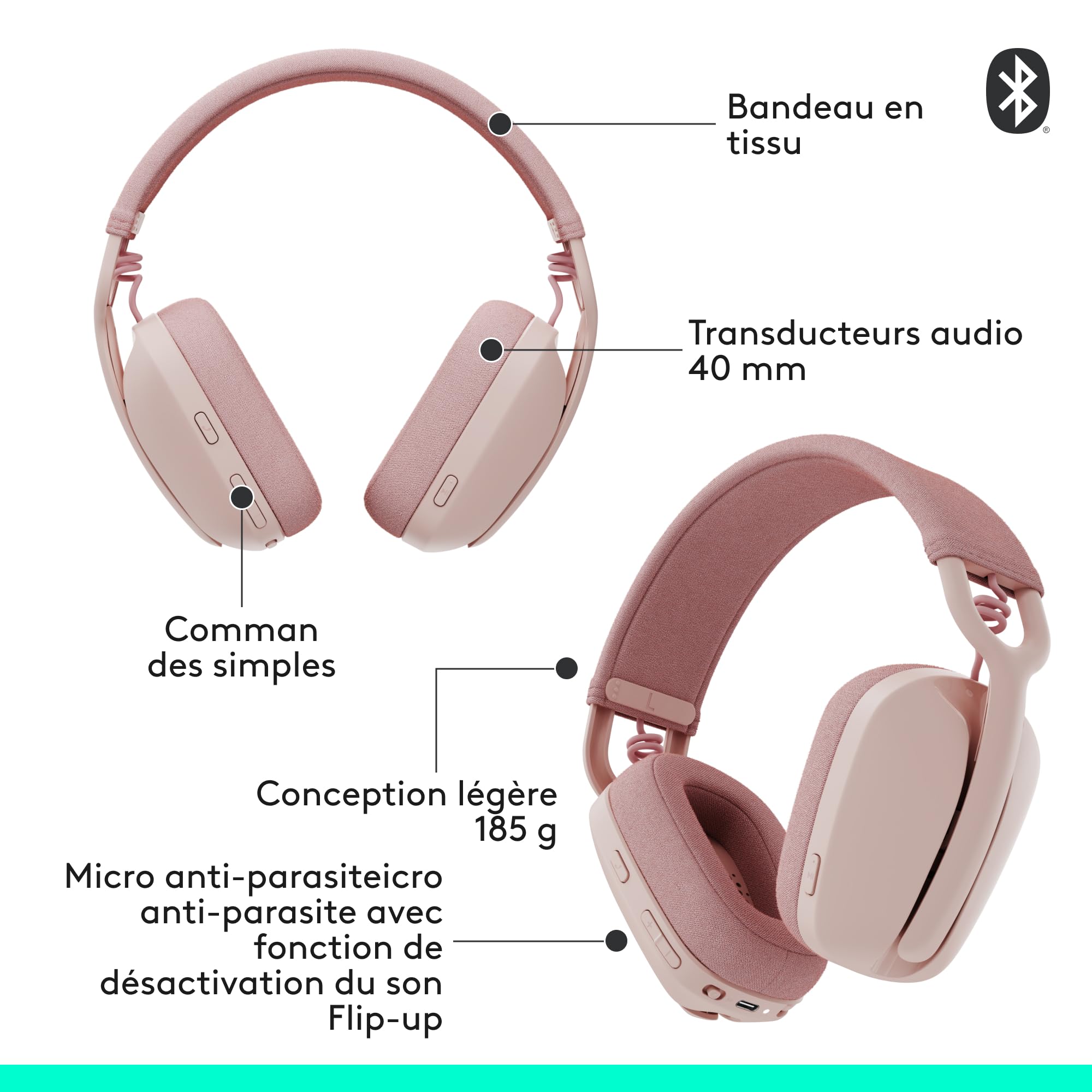 Logitech Zone Vibe 100 Casque d'écoute léger sans fil | Auricolare Bluetooth Multipoint, Microfono Eliminazione Rumore, Compatibile Teams, Meet, Zoom, Mac/PC - Rosa