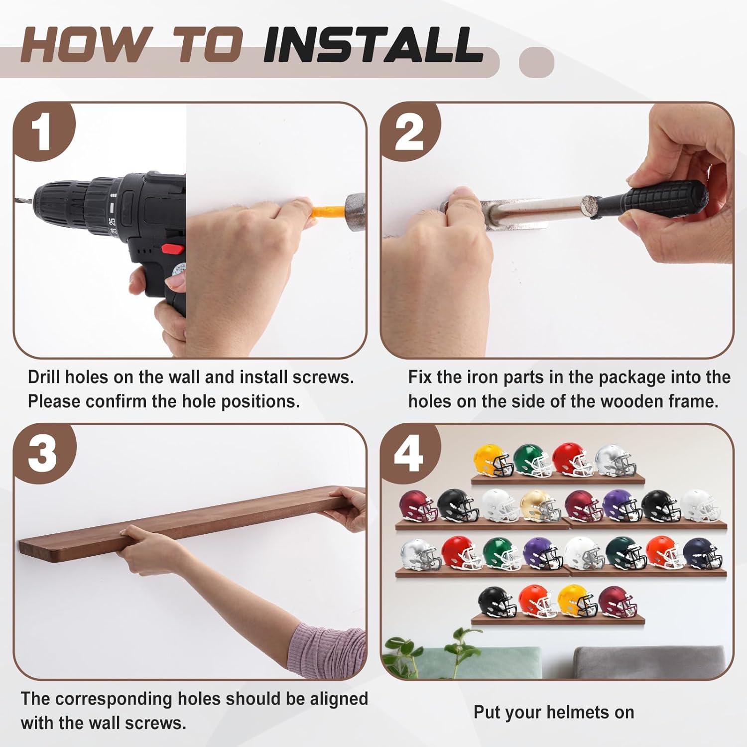 Leinuosen 4 Pack Mini Helmet Display Racks Wood Mini Football Helmet Rock Display Case Wall Mounted Stands Can Hold 8 Team, 30 x 6 x 0.7 Inches