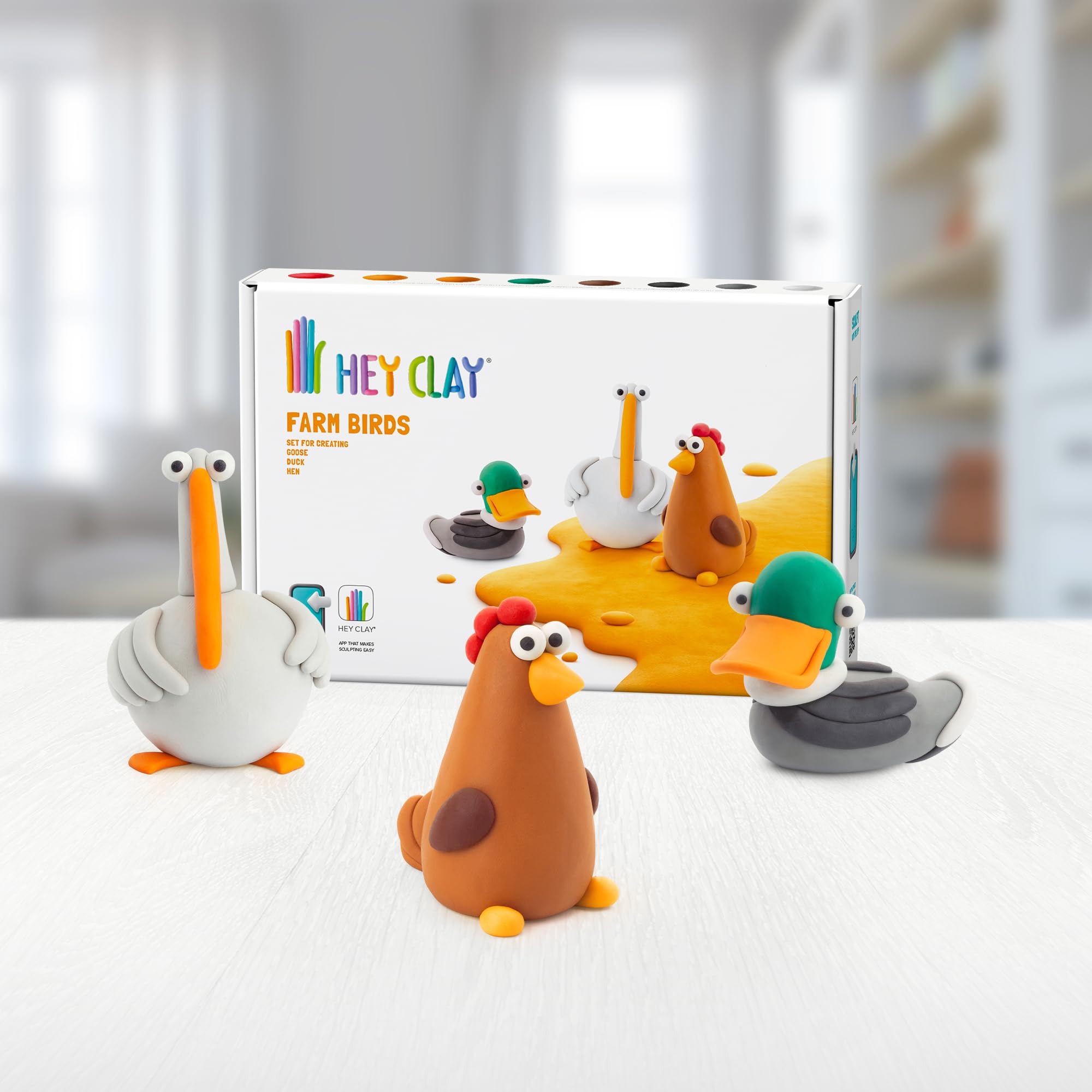 Hey Clay Farm Birds: kaczka, gęś, zestaw kur, kolorowe modelowanie dla dzieci, zestaw 6 puszek z zabawną interaktywną aplikacją z instrukcjami