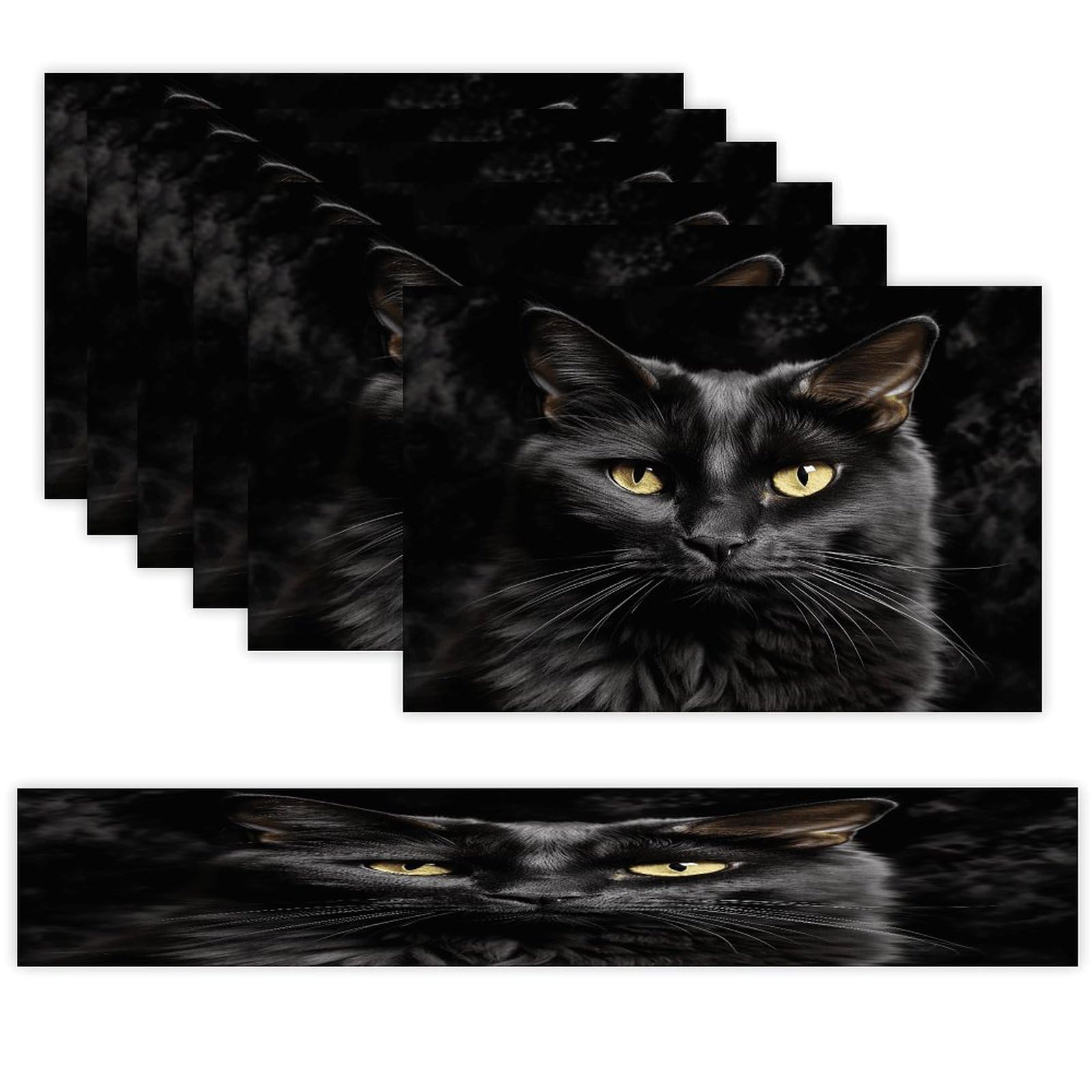 A Black Cat on A Black Background Table Runner and Placemats Set of 6 Wipe Clean Heat Resistant Table Mat with Table Runner Decorations Flax Linen Place Mat Set for Home Kitchen Party Supplies