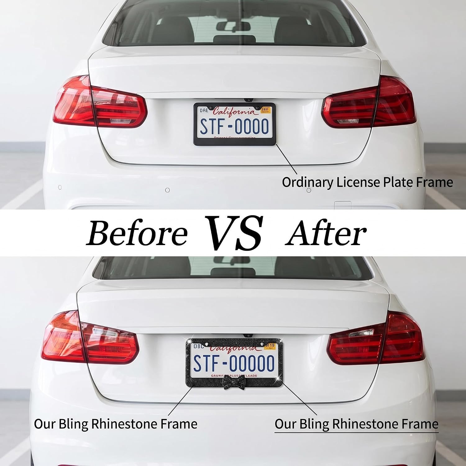 Fashion Sparkle Black License Plate Frames with Black Bowknot, 2 Frames | Exclusive Bling Design, Waterproof Rhinestone, Crystal Embellished, For Women