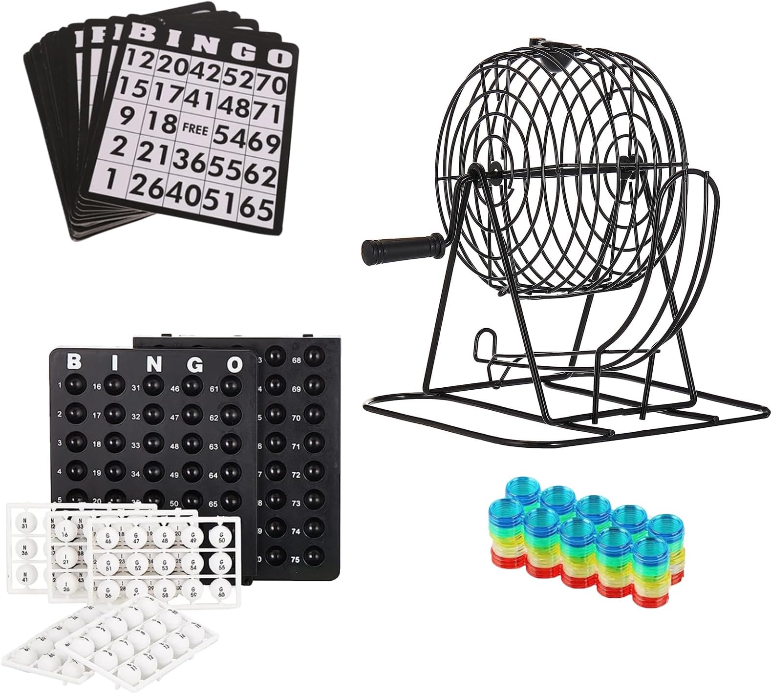 BeauentyComplete Bingo Game Set- Includes 1 Bingo Cage,18 Paper Cards, 75 Balls,125 Bingo Chips, for Kids, Adults, Family Games, Large Groups, Parties, Picnic Important Entertainment Games