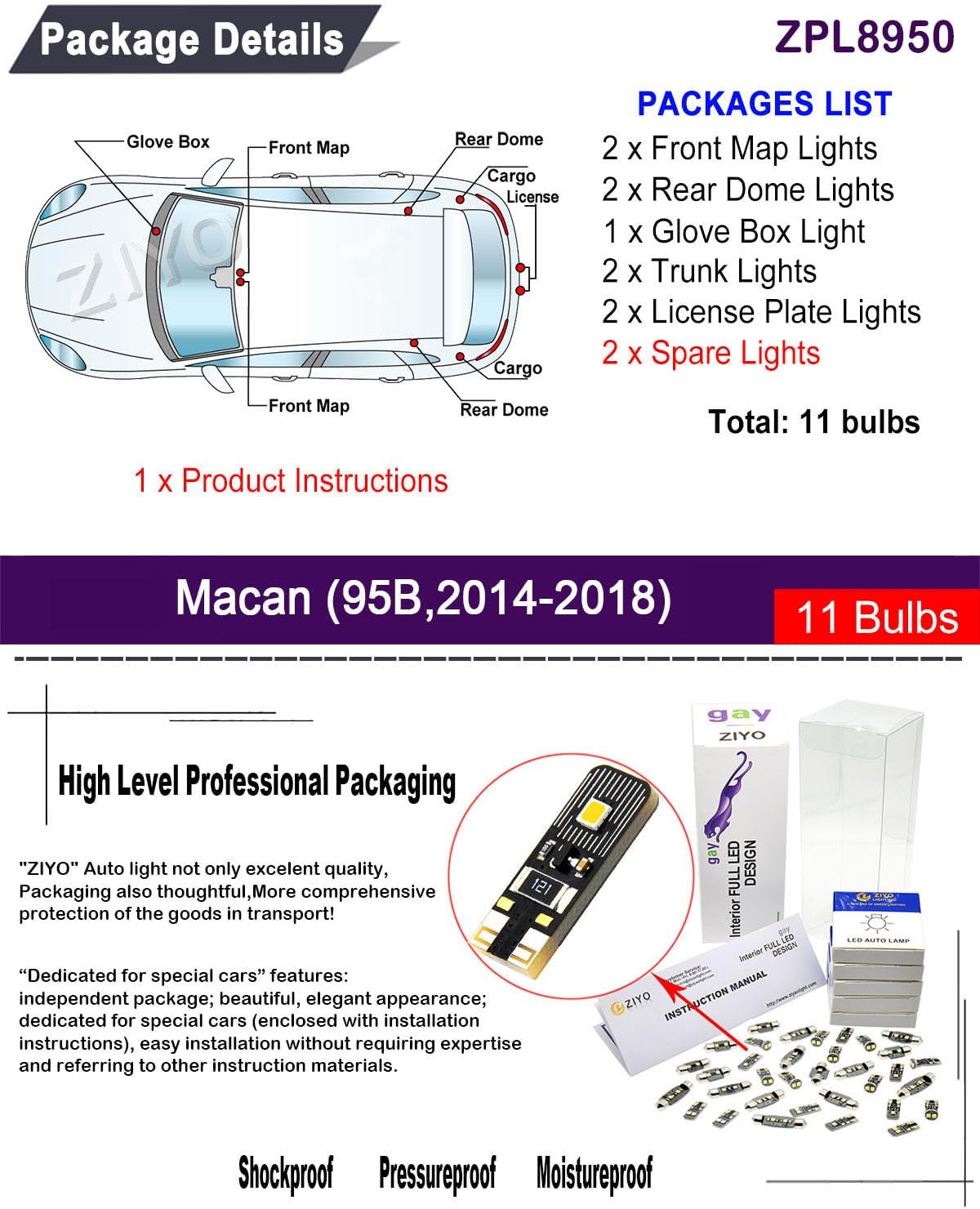 ZIYO LED Interior Light Kit for Porsche Macan 2014-2018 Dome Light Bulbs Replacement Package, 6000K Xenon White LED lights Accessories Upgrade Error Free (11 Bulbs)
