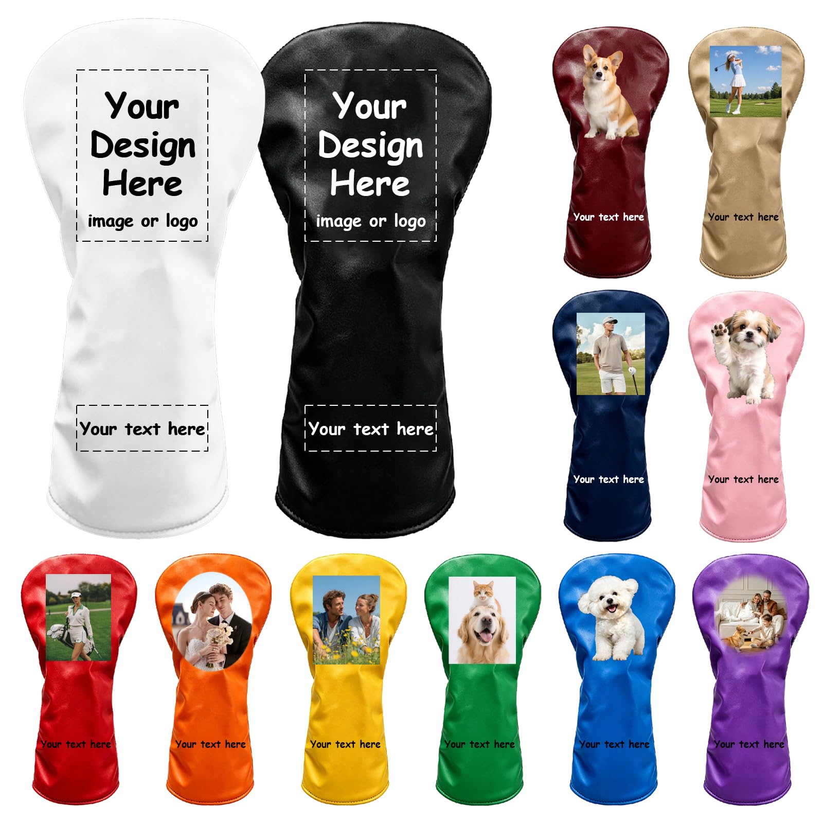 Personalised Golf Club Headcovers, Leather Personalized Driver Fairway Wood Hybrid Covers, with Name/Logo/Text, Golf Protector Gift for Men Women (Style 1)