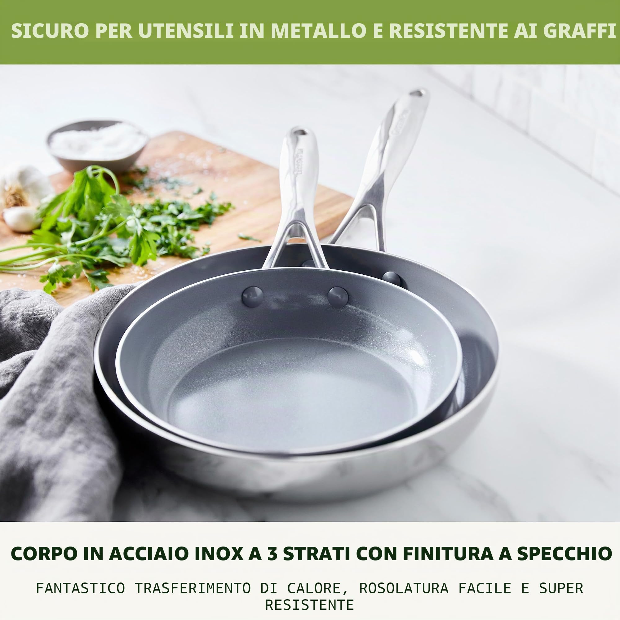 Greenpan Valencia Pro - Set di padelle in acciaio inox a tre strati da 20,3 cm e 25,4 cm, rivestimento in ceramica sana antiaderente senza PFA, senza PFOA, pentole multirivestite, induzione,