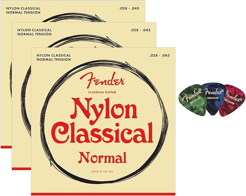 Fender Nylon Classical Strings - Tie End 3-Pack Bundle with 3-Pack Picks