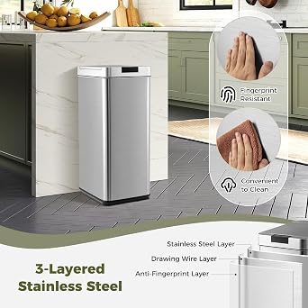 COSTWAY 48L Automatic Kitchen Bin, Touchless Infrared Motion Sensor Garbage Bin with Soft Closure Lid & Stay Open Function, Anti-Fingerprint Stainless Steel Slim Trash Can for Bathroom Office