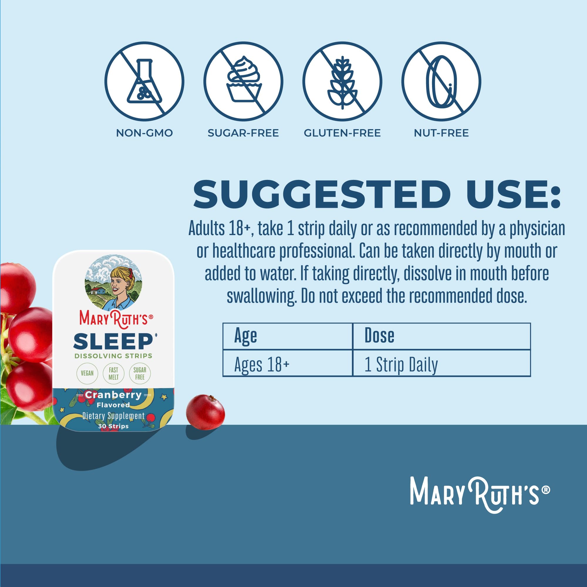 Sleep Dissolving Strips by MaryRuth's | L Theanine | Chamomile Flower | Melatonin 5mg | Valerian Root | Vitamin B6 | Sugar Free | Cranberry Flavor | Vegan | Gluten Free | Dairy Free | 30 Count — Amazon image 3