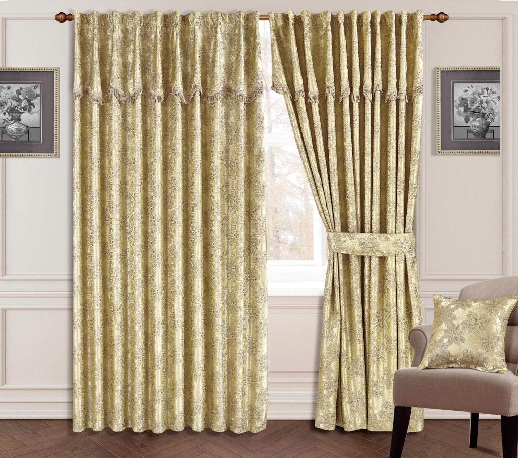 THL Curtains Jacquard in Glitter Design Free Tiebacks and Pelmet Stitched (Gold, 66x90 In)