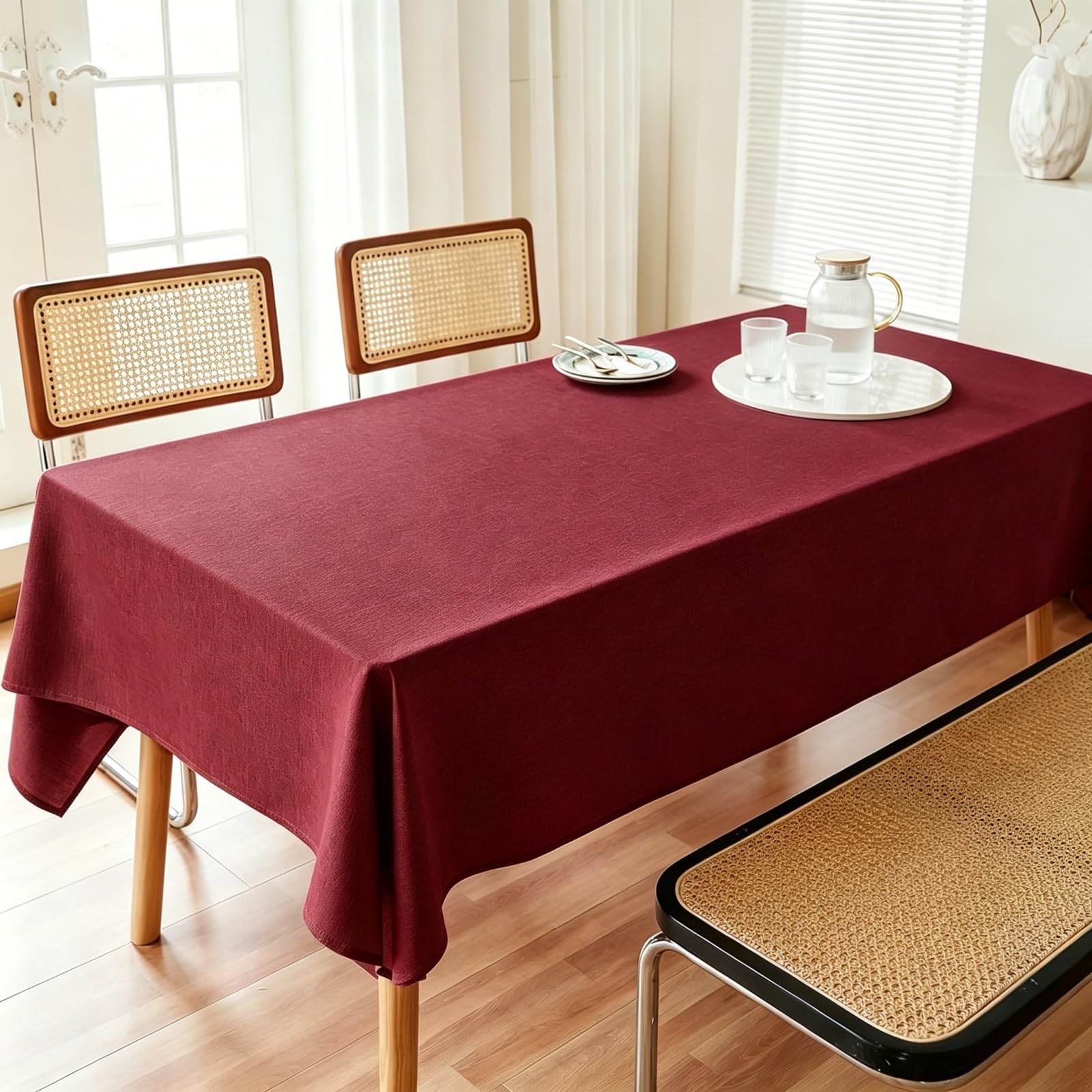 LIHUANE Table Cloth Rectangular 120 x 135 cm Faux Linen Solid Colour Tablecloths Wipe Clean Washable Polyester for Rectangle Tables, Red Wine