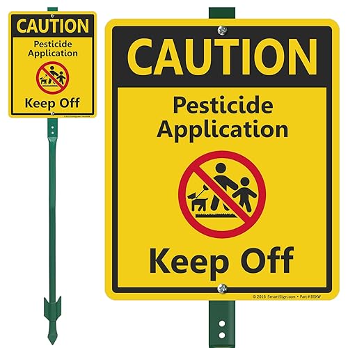 Miniatura 7 de SmartSign Paquete de 20 carteles de precaución para aplicar pesticidas con estaca, plástico HDPE de 16 mil, negroamarillo, letrero de césped de 4 x