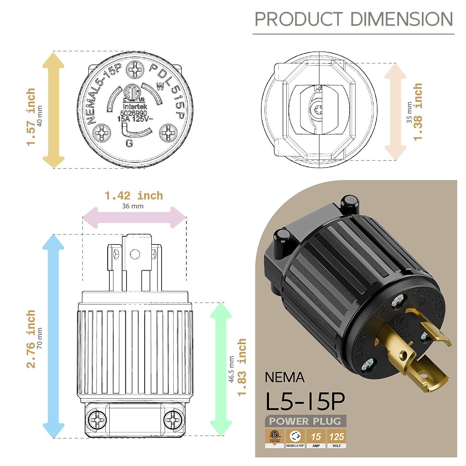 Amazon.co.jp: NEMA L5-15Pロックプラグ、ツイストロックオス15Amp 125
