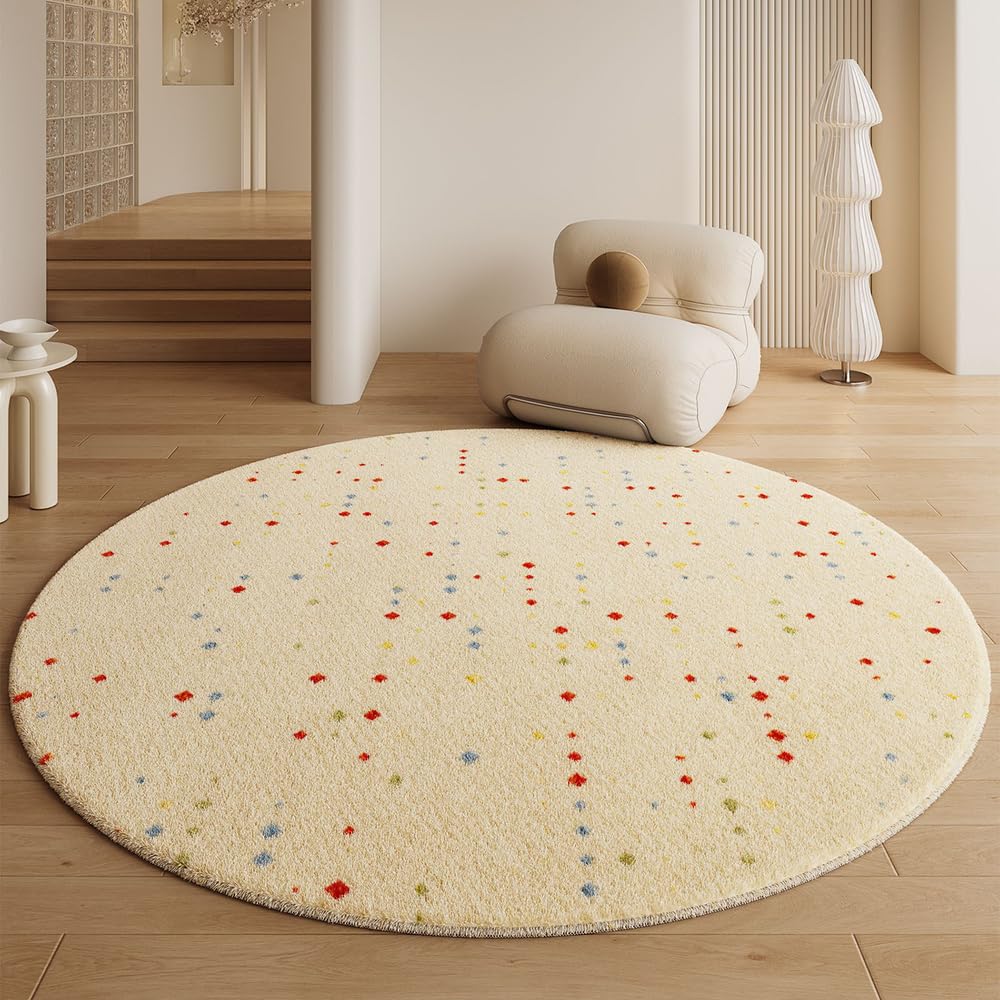 Tapis chambre à coucher abstrait rond 80cm beige lavable