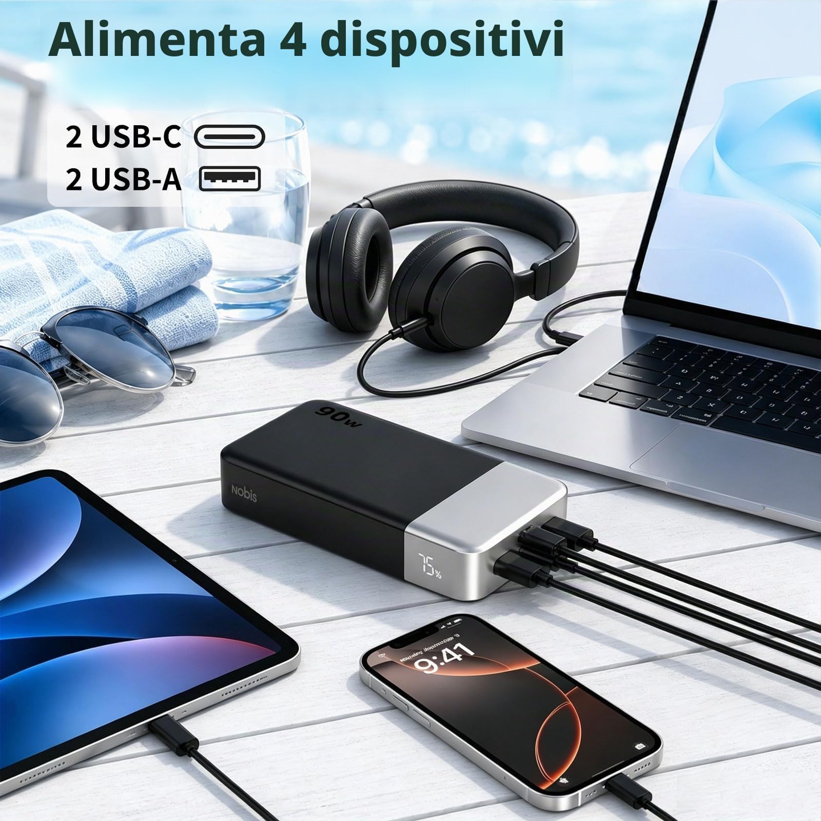 NOBIS Power Bank 90W 20000mAh Ricarica Rapida per MacBook,Dell,Pad Phone 17 | Caricatore Portatile PD/PPS/QC, 2 USB-C (In/Out) e 2 USB-A, Display Digitale, ideale per lavoro, viaggi e campeggio