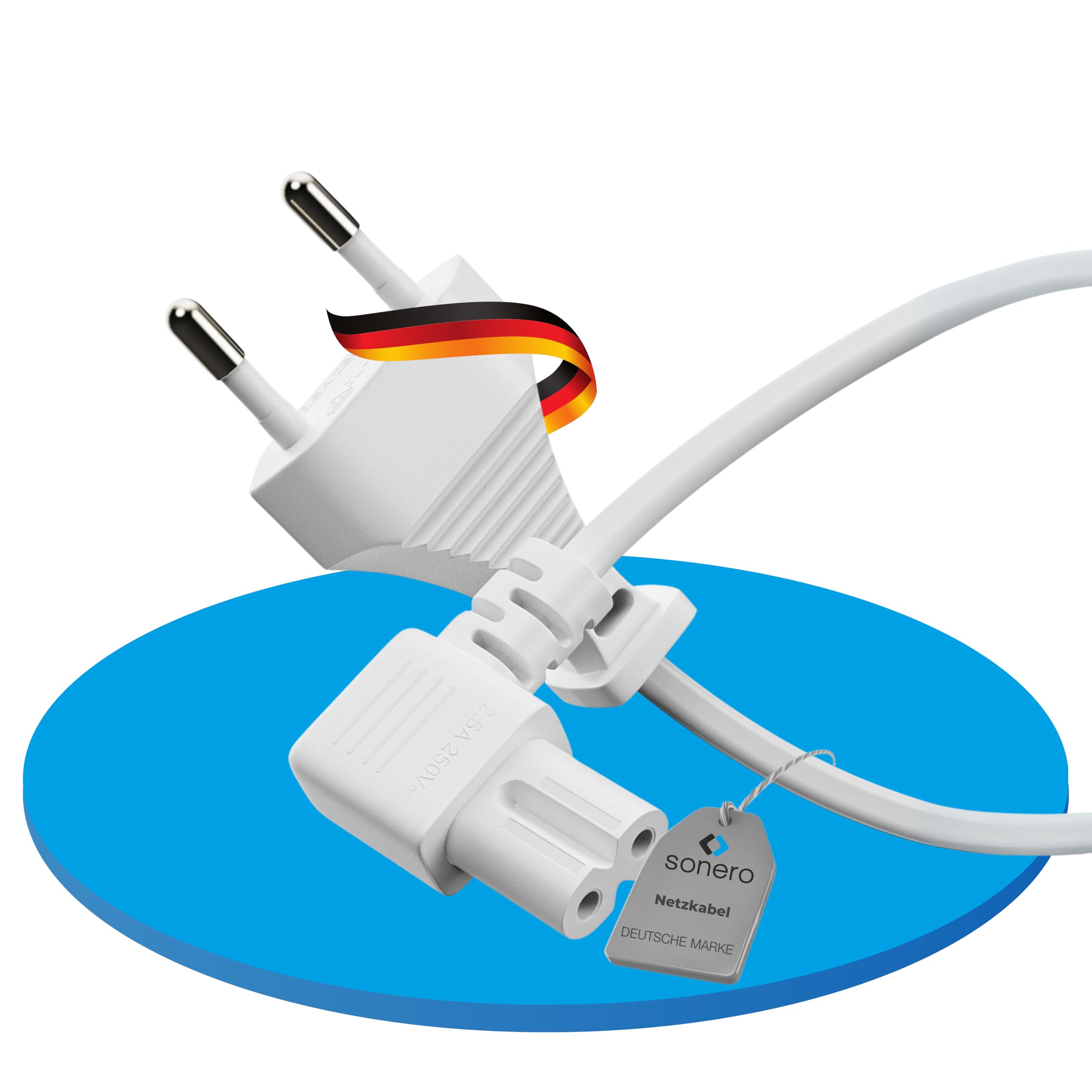 AJTECH® TV-kabel 3M - Gecertificeerd Netsnoer 2-Pins - Eurostekker 90-Graden Rechte Hoek IEC-C7 Netsnoer Voor Samsung LG TV PS5 PS4 Slim Playstation Xbox Series X/S Printervoedingen - 3-Meter Wit