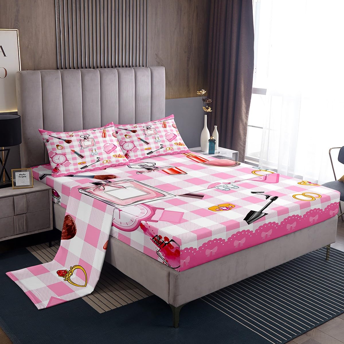 Parure de lit 4 pièces fille avec drap-housse, drap plat, taies motif nœud papillon