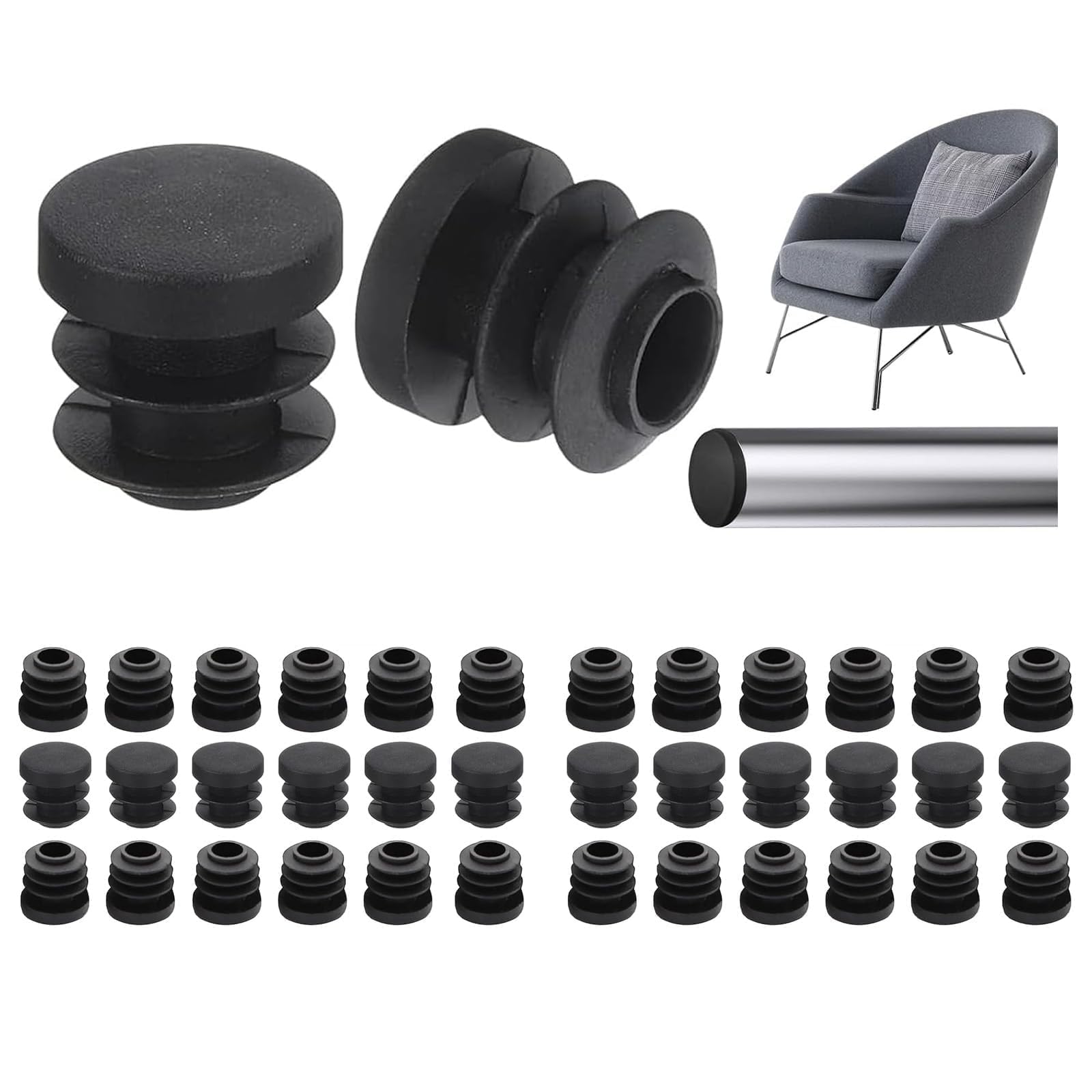 40Pcs Tubular Foot Floor Protector, Rubber Chair Foot Protectors 16mm/0.63 Round End Caps, Plastic Chair Leg Floor Protectors for Metal Legs, Tube Inserts for Furniture, Desk, Table & Chair Legs