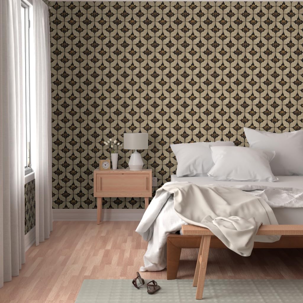 Peel & Stick Wallpaper 6ft x 2ft - Victorian Flowers Art Nouveau Moody Botanical Art Deco William Morris Inspired Leaves Black Beige Custom Removable Wallpaper by Spoonflower