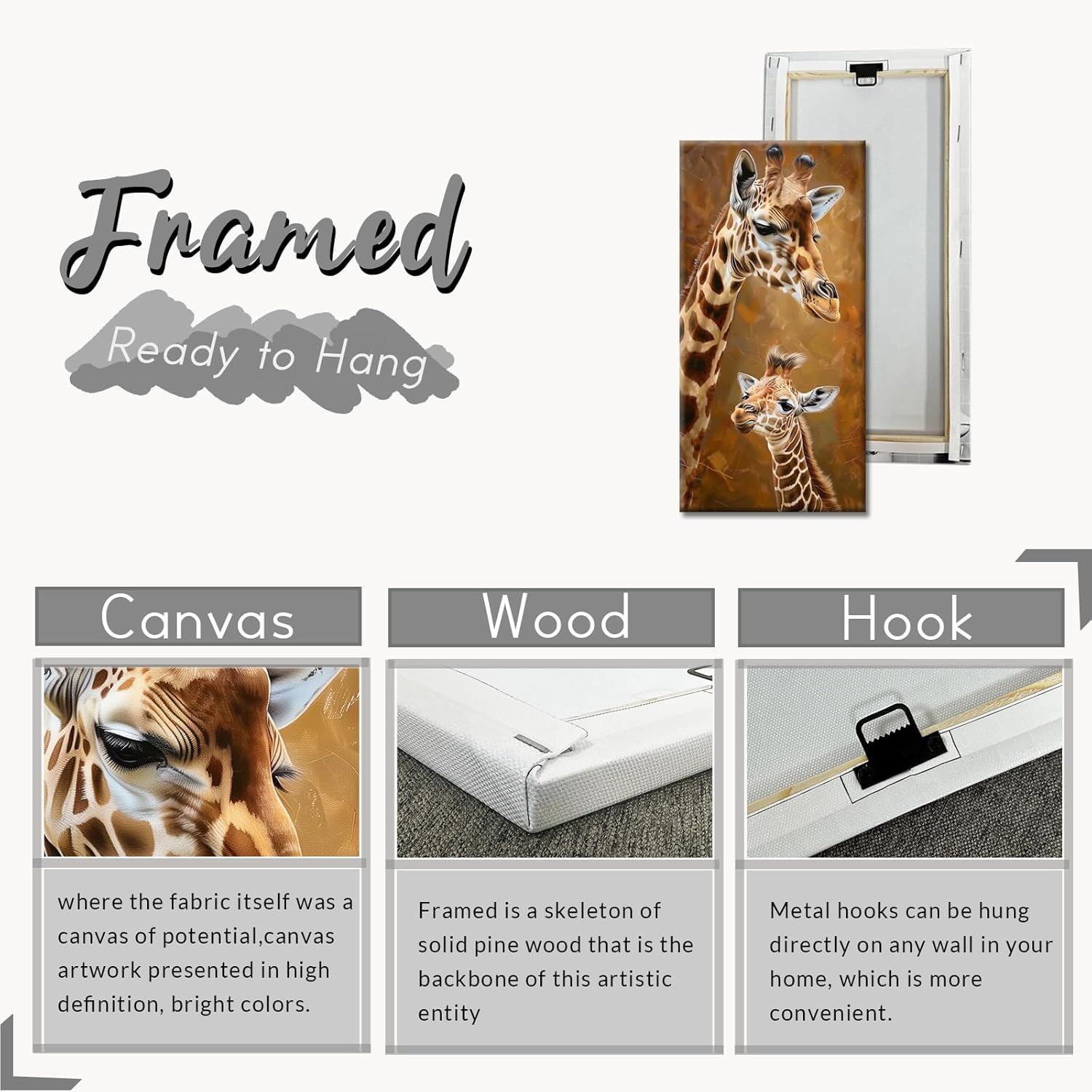 PBXBJY Giraffe Canvas Wall Art Giraffe and Cub Poster Cute Animals Picture Prints Vintage Painting for Kids Room Nursery Home Wall Decor Framed (12.00" x 24.00")