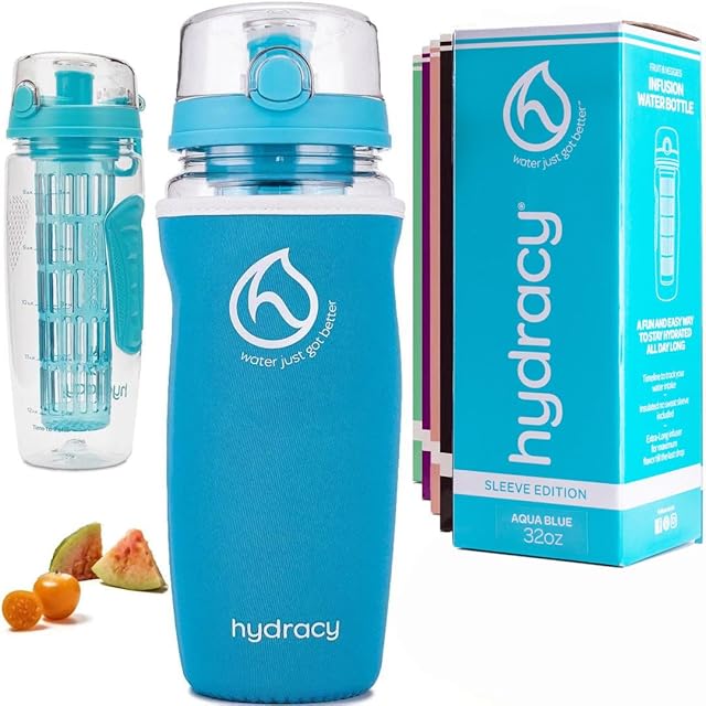 Hydracy Fruit Infuser Water Bottle - 1Litre Sport Bottle with Insulating Sleeve, Time Marker and Full Length Infusion Rod + 27 Fruit Infused Water Recipes eBook Gift -Your Healthy Hydration Made Easy