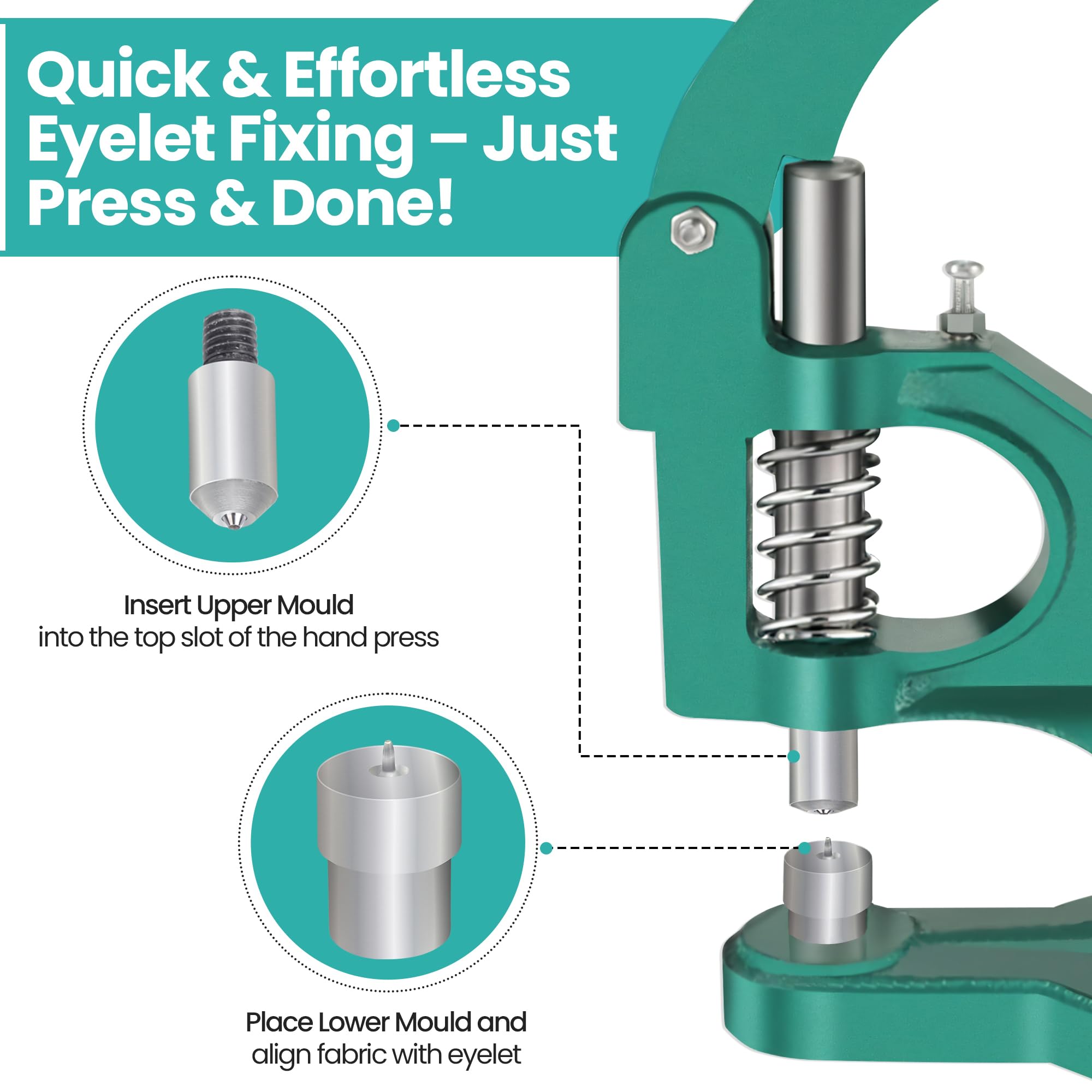 Trimming Shop Occhielli Fissaggio Fustelle Set con Universale Verde Pressione a Mano Macchina per Fai da Te Scarpe, Borse, Borsette, Lavoretti Creazioni, Abbigliamento Decorazione (3mm)