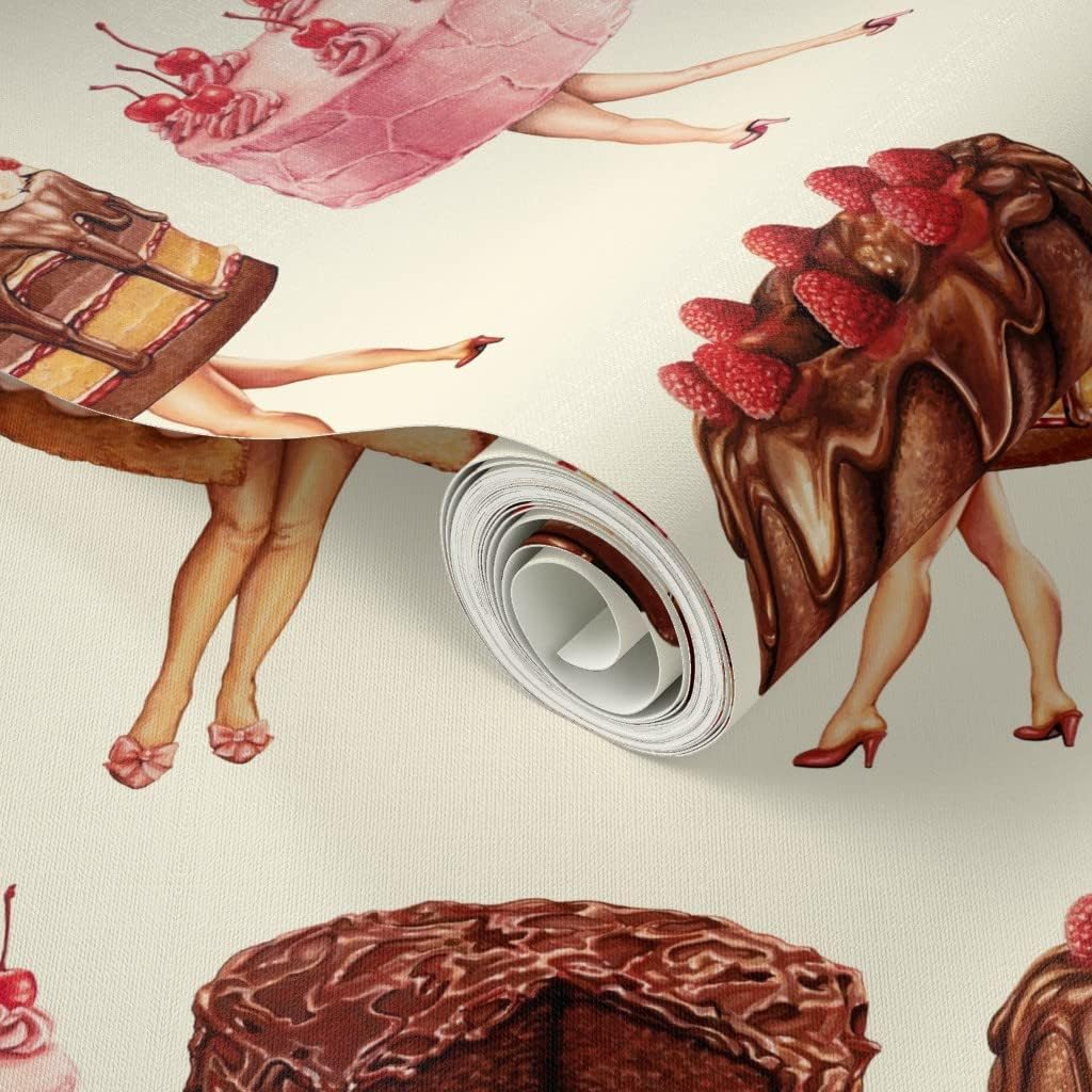 Spoonflower Peel & Stick Wallpaper Swatch - Cake Food Baking Bakery Vintage Women Retro Custom Removable Wallpaper