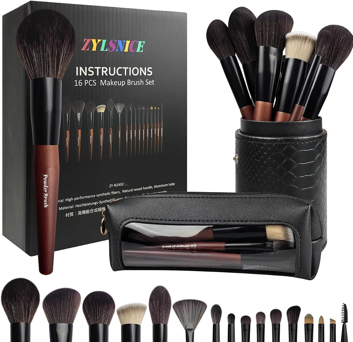 Makeup Brushes 16 Pcs Makeup Brush Set Professional, Wood Handle Travel Make Up Brushes Set with Case, Premium Cruelty-Free Synthetic Fiber Hair Makeup Brush Kit with Holder