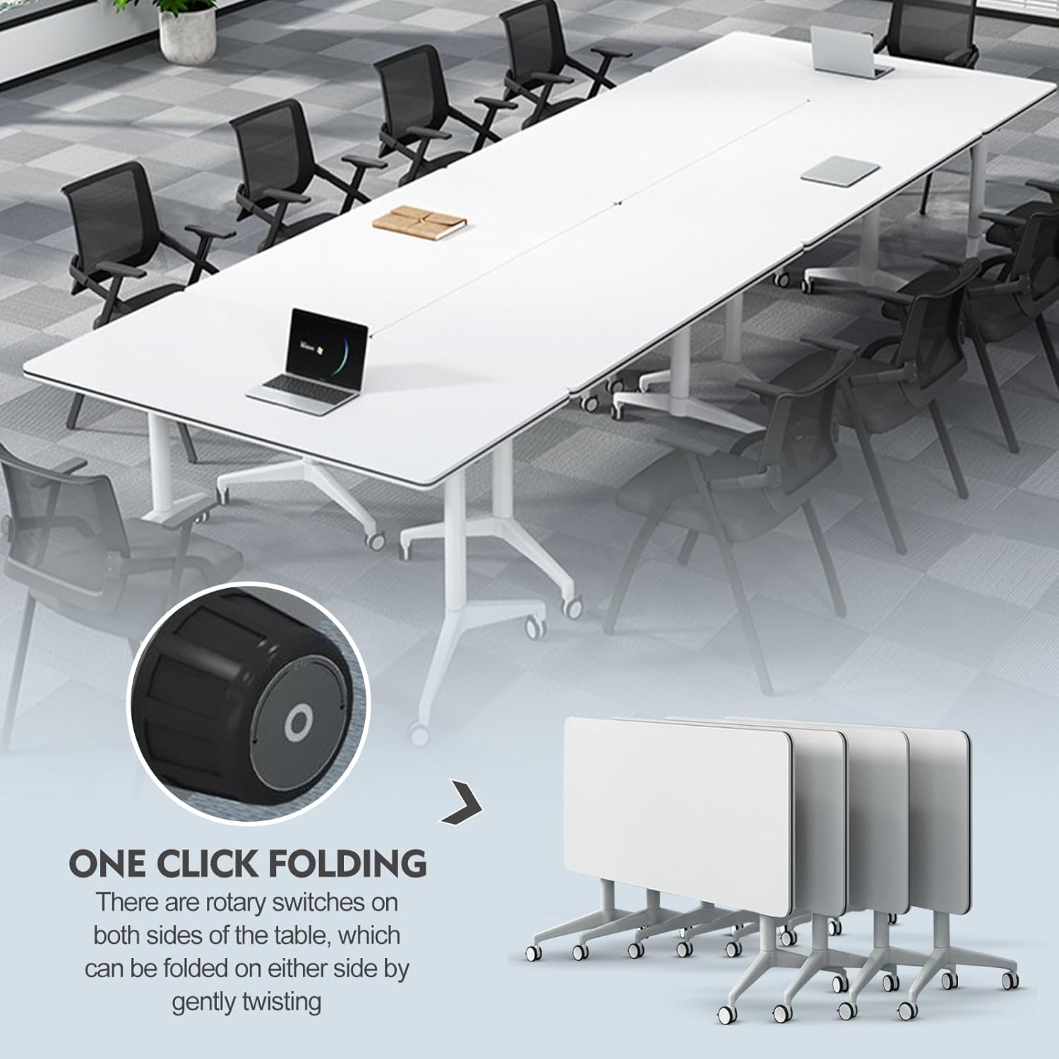 Folding Conference Table, Conference Room Tables with Wheels Foldable Large Rectangle Meeting Seminar Table for 6-12 People, Flip Top Mobile Training Table for Office Classr (4, White 2, 61in)