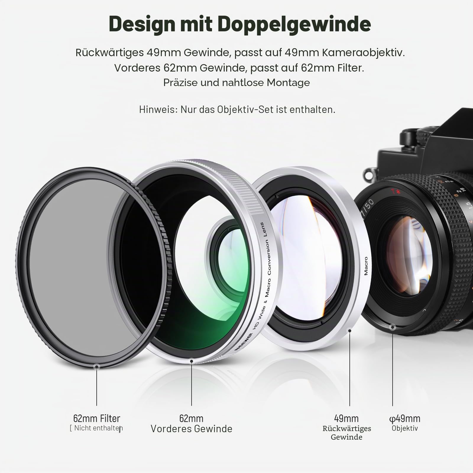 NEEWER 49mm 0,75x Weitwinkel und 1,4X Makro Objektiv Zusatz Lens für Kameras der X100-Serie HD 2 in 1 Objektiv mit 49mm Adapterring für Fujifilm X100 X100S X100F X100T X100V X100VI Kameras LS-47