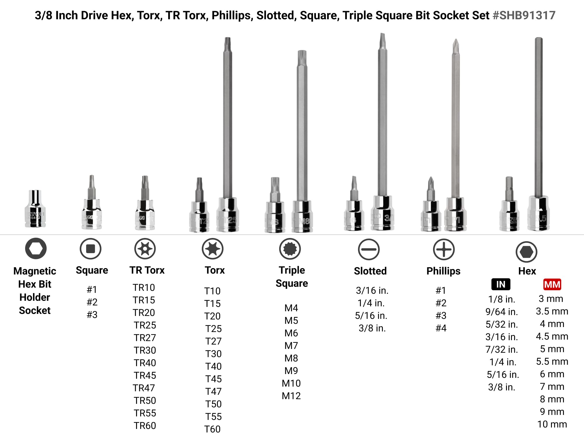 TEKTON 3/8 Inch Drive Hex, Torx, TR Torx, Phillips, Slotted