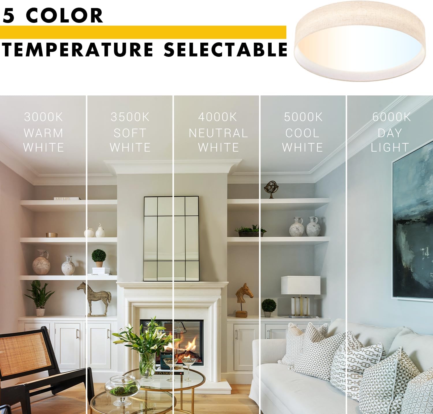 Hamilyeah LED Flush Mount Ceiling Light 20 inch, 48W Close to Ceiling Light with Fabric Shade 5CCT, Dimmable Light Fixture Ceiling Mount for Living Room, Dining Room,Foyer,Bedroom