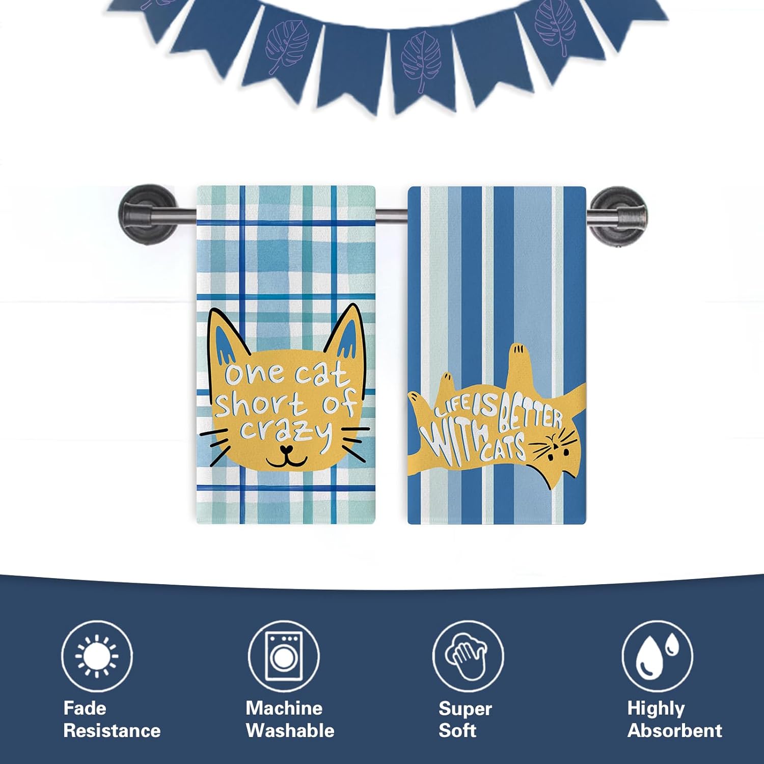Life is Better with Cats Kitchen Dish Towels Set of 2, Blue Buffalo Plaid Stripes Drying Hand Towel Baking Cooking Cloth, Funny Bathroom Home Decoration Cat Owner Lover Gift 18'' x 26'' - Image 6