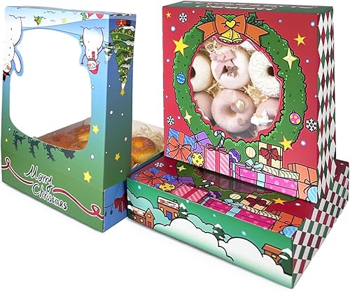 Miniatura 2 de Bakepacker Cajas de panadería de Navidad con ventana de 8 x 8 x 2.5 pulgadas, cajas de galletas para panaderías gruesas y resistentes (24 paquetes)