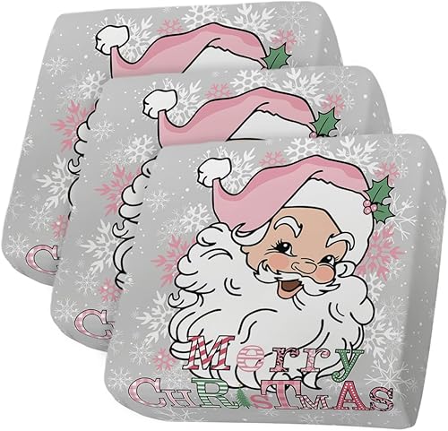 Pink Santa Christmas Couch Cushion Covers, Stretch Sofa Cover with Elastic Bottom, Xmas Winter Snowflake Grey Sofa Slipcovers Protector Washable