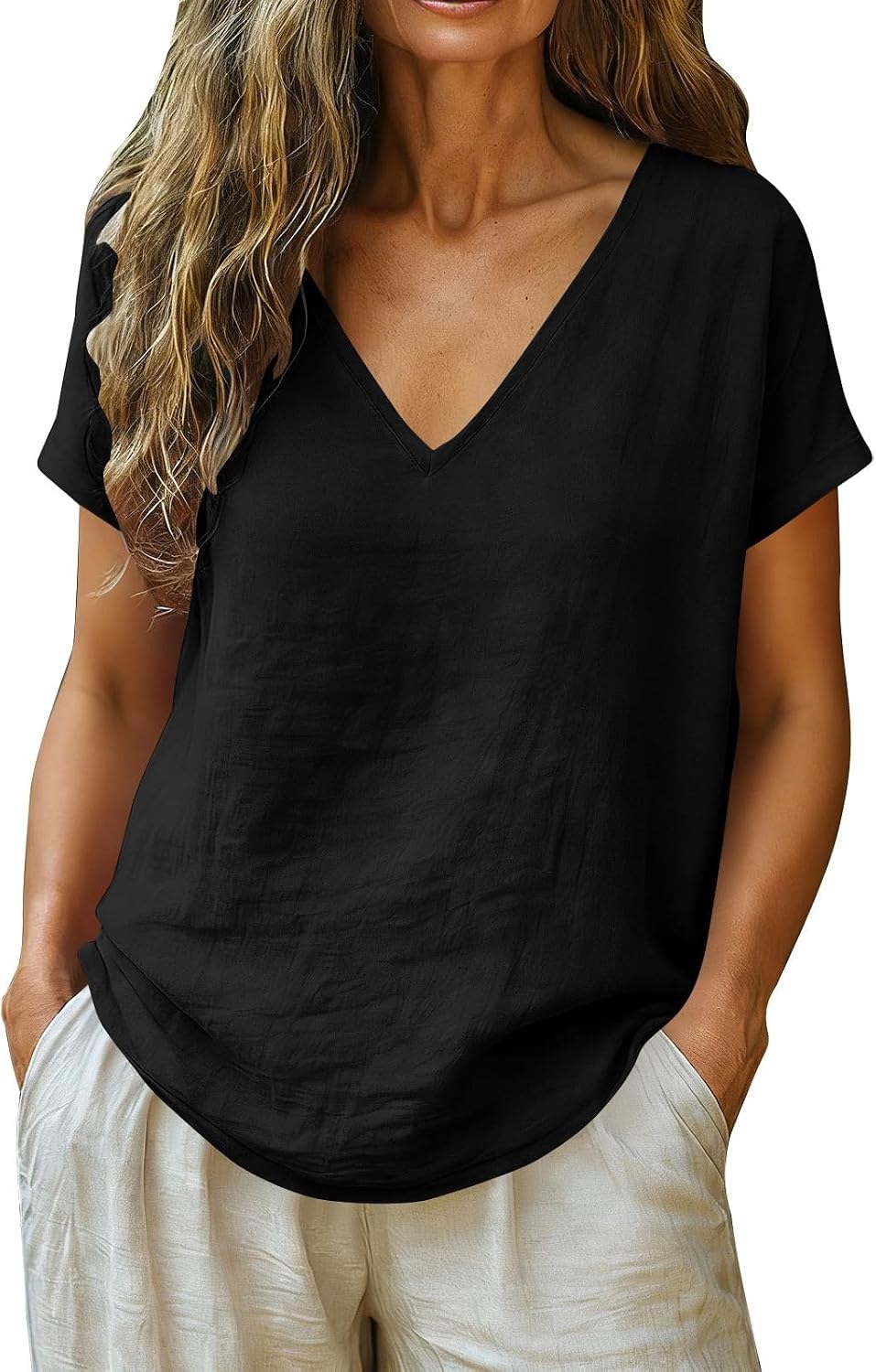 Womens Summer Tops Casual Button V Neck Short Sleeve Shirts Loose Pullover Tops Oversized Lightweight Gauze Blouses