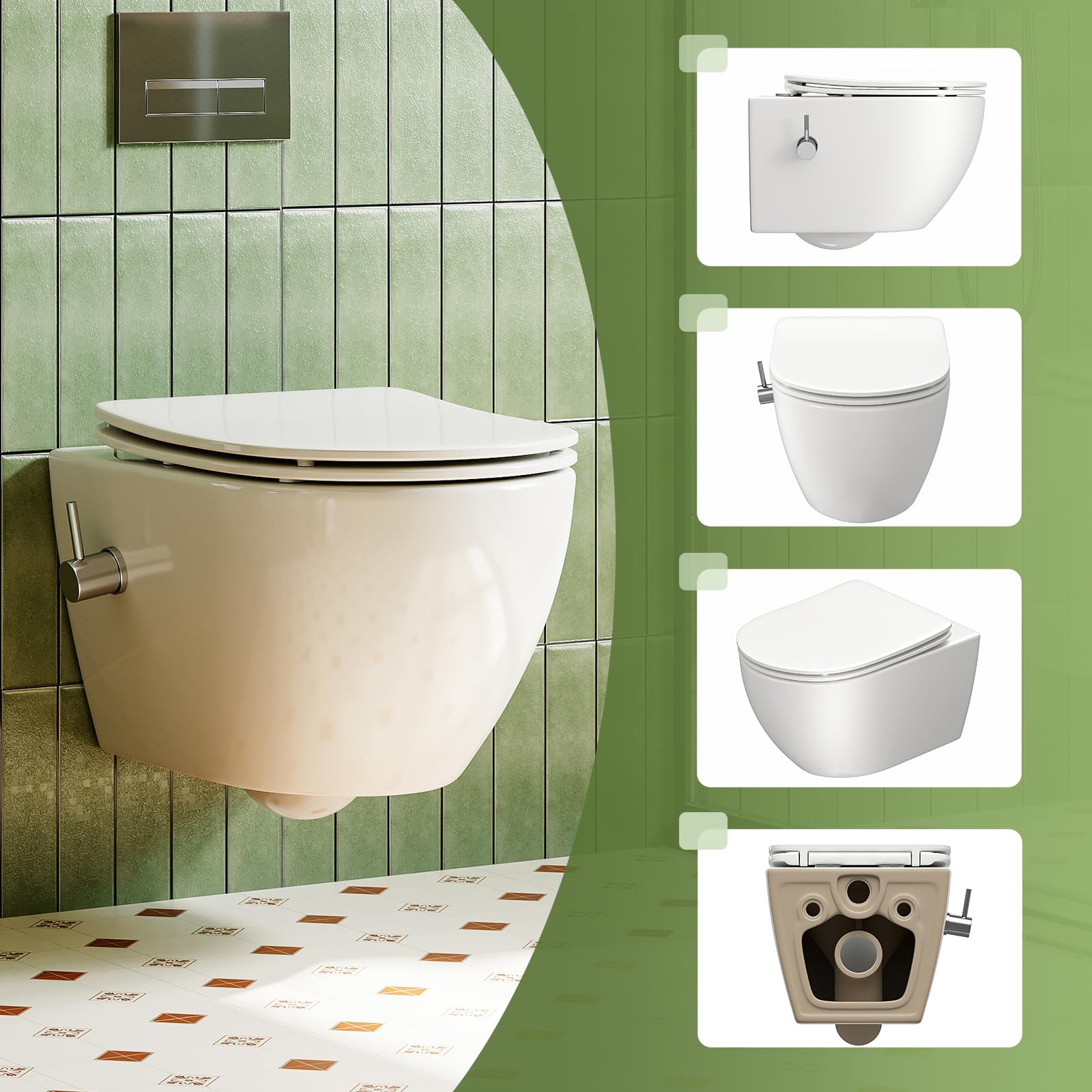 WC con ugello integrato, WC sospeso con funzione bidet, WC con rivestimento nano-rivestimento, WC con rubinetto, sedile WC con abbassamento automatico, 53 x 36 x 35 cm