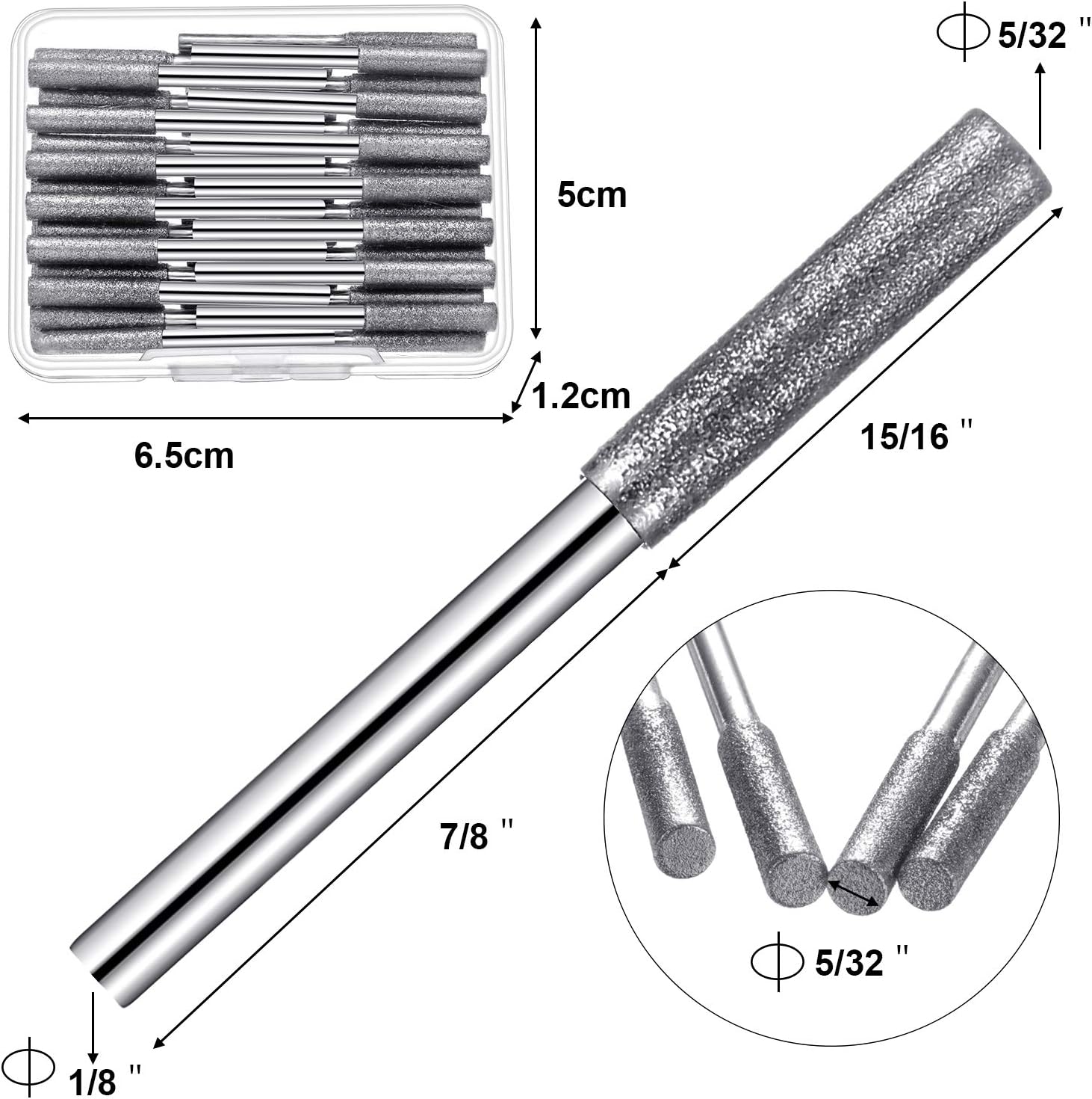 Honoson 30 Pieces Chainsaw Sharpener Stone Burr Grinding Stone File with a Storage Box, Polishing Grinding Tool Grinding Bits, 5/32 Inch/ 4 mm (Silver)