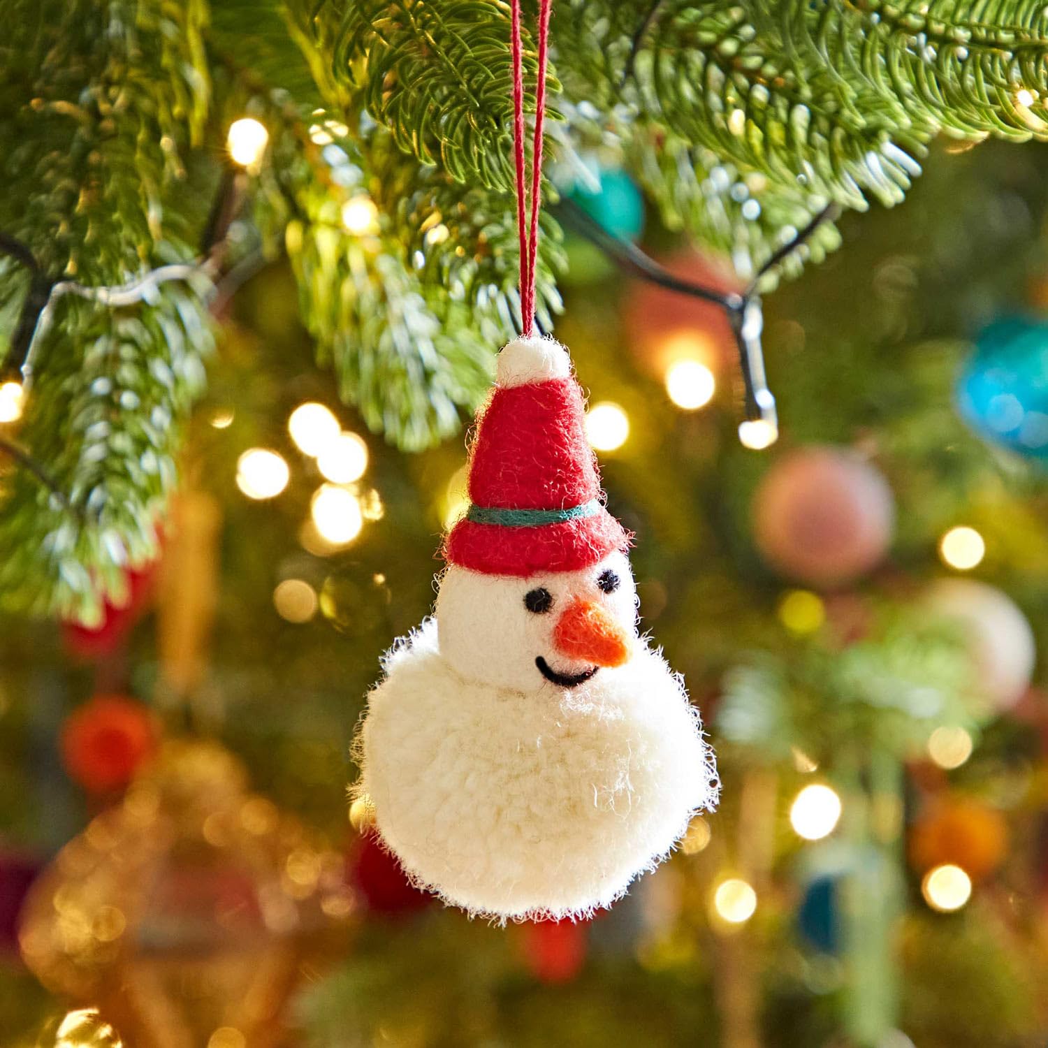 Paper High Women's Red Felt Snowman Pom Pom Bauble - Felted Ornament - Wool Christmas Bauble - Felt Handmade Xmas Décor - Classic Tree Ornament (Red)