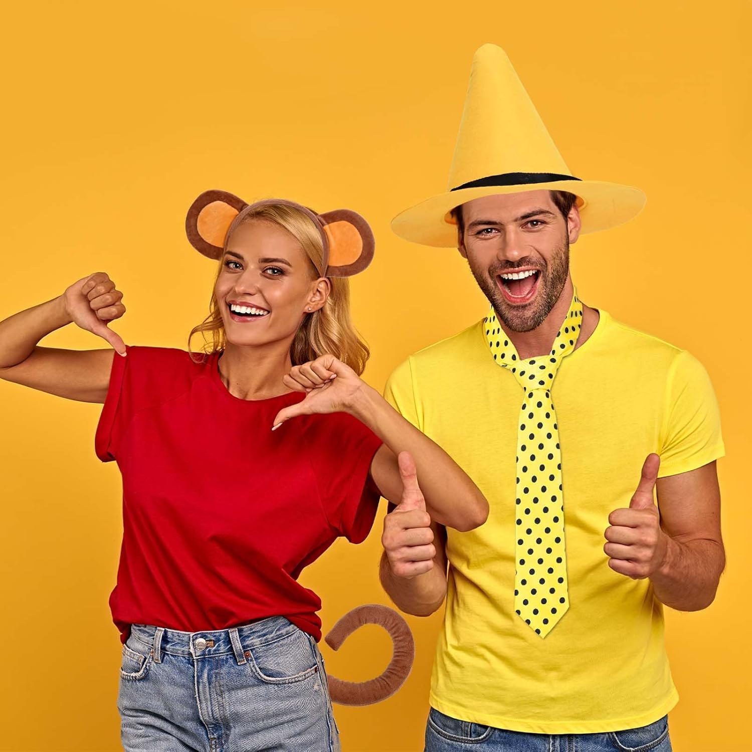 3 Pcs Halloween Monkey Friend Costume Include Yellow Felt Hat,Dots Tie and Belt for Men Women Cartoon Character Dress Up - Image 7