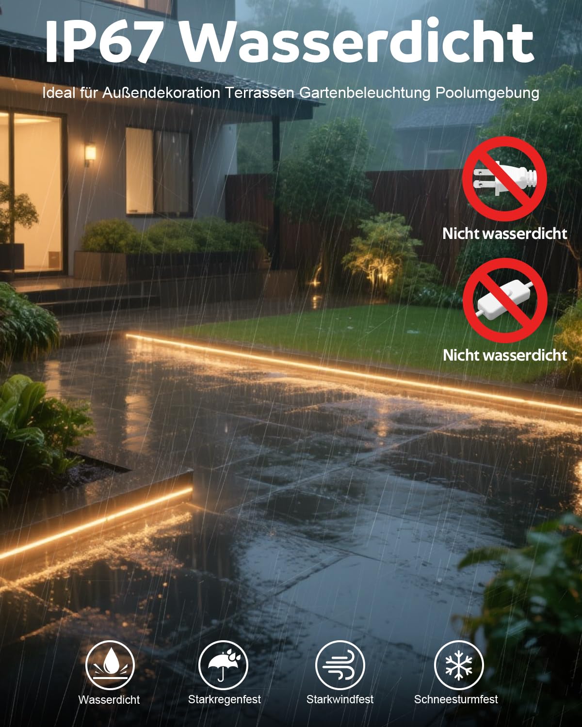 Aclorol COB LED Streifen Warmweiß 230V 15M 3000K LED Strip Wasserdicht IP67 | LED Band mit Schalter und 1,5M langes Anschlusskabel, Plug & Play, für Terrasse Garten Balkon Carport Außenbeleuchtung