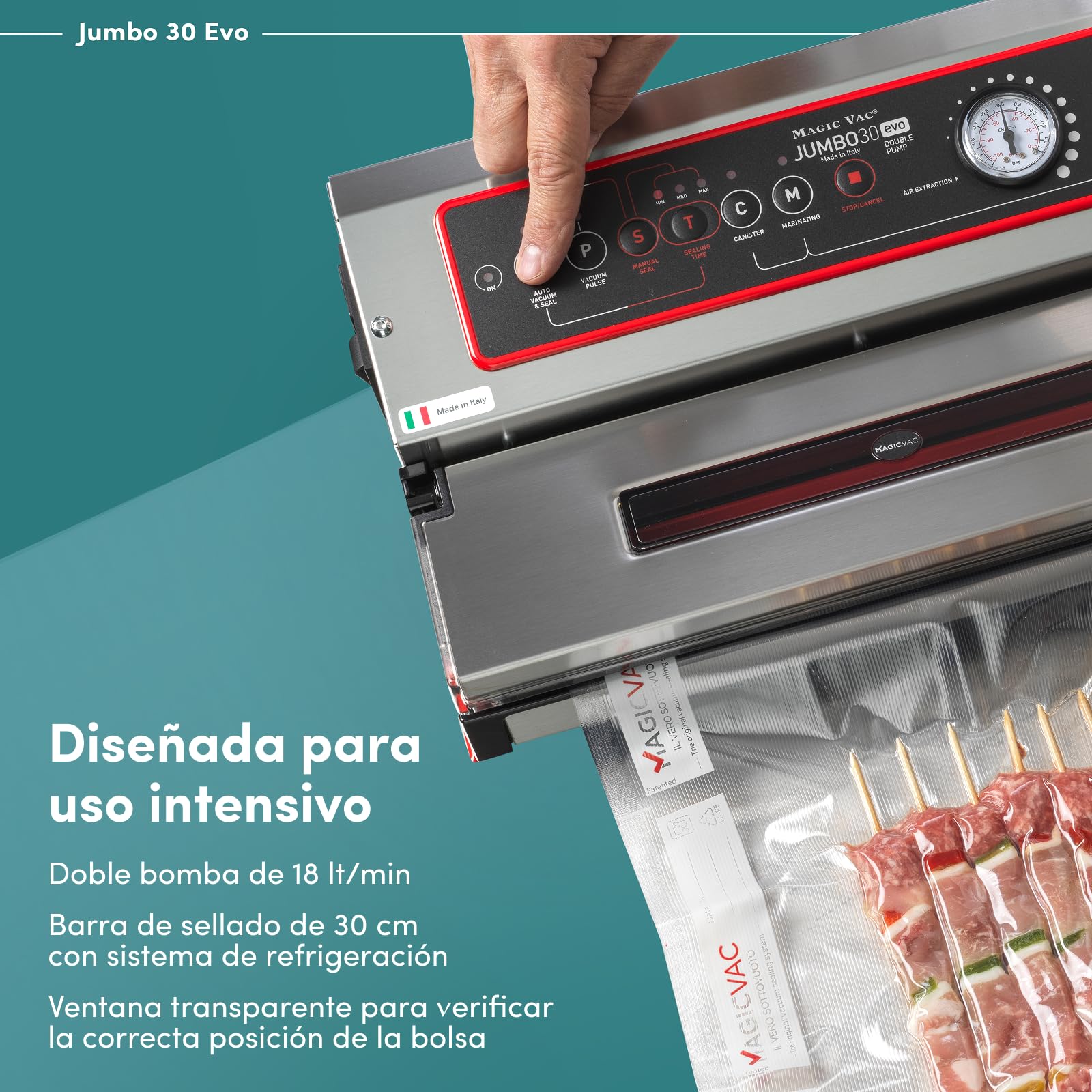 Magic Vac Jumbo 30 Evo, Máquina Envasadora al Vacío Profesional de Alimentos en Acero Inoxidable para Bolsas de Vacío y Contenedores