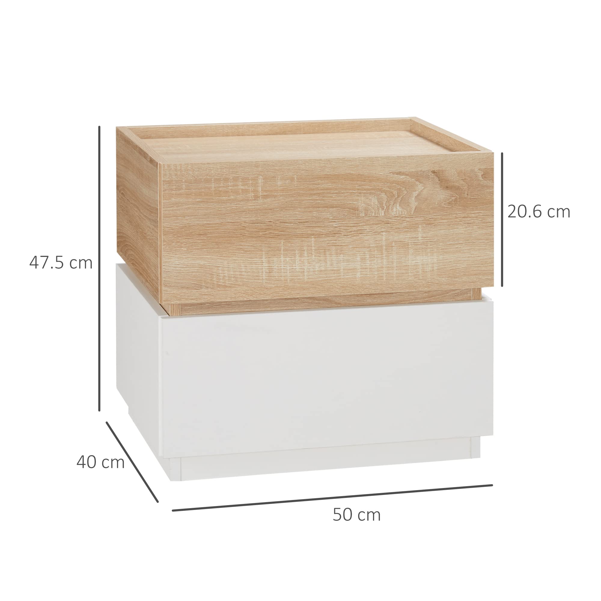 HOMCOM Comodino 2 Cassetti Design Moderno e Impilabile, Tavolino per Soggiorno e Salotto in Legno, 50x40x47.5cm, Bianco e Legno
