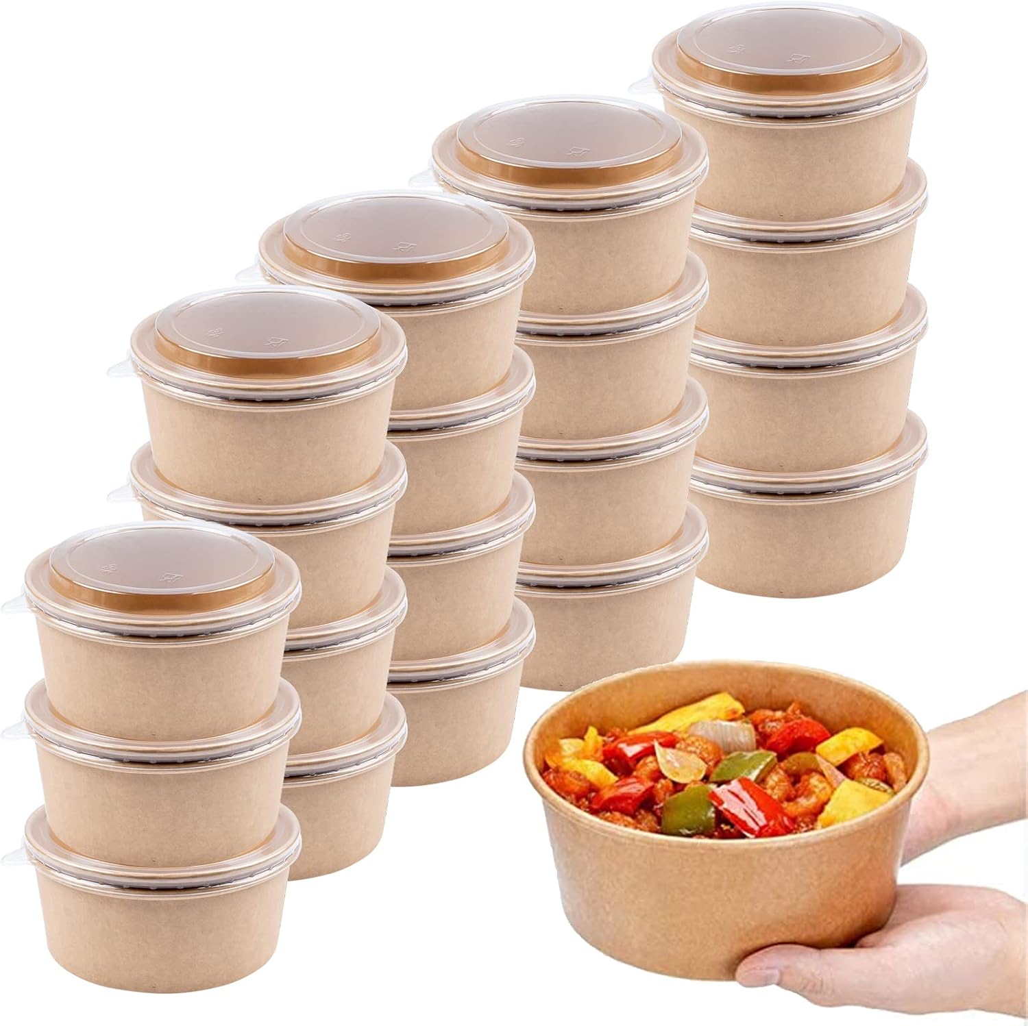 20 Pack Disposable Paper Bowls with Lids, Kraft Paper Soup Bowls Round