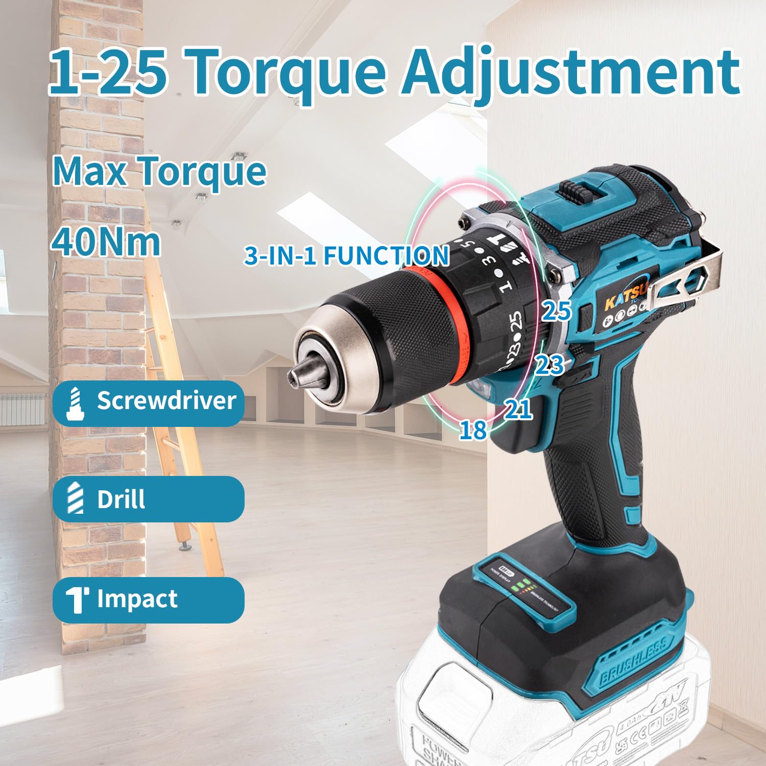 KATSU FIT-BAT de 21 V Taladro atornillador de impacto inalámbrico sin escobillas, portabrocas de 13 mm, sin batería 102624