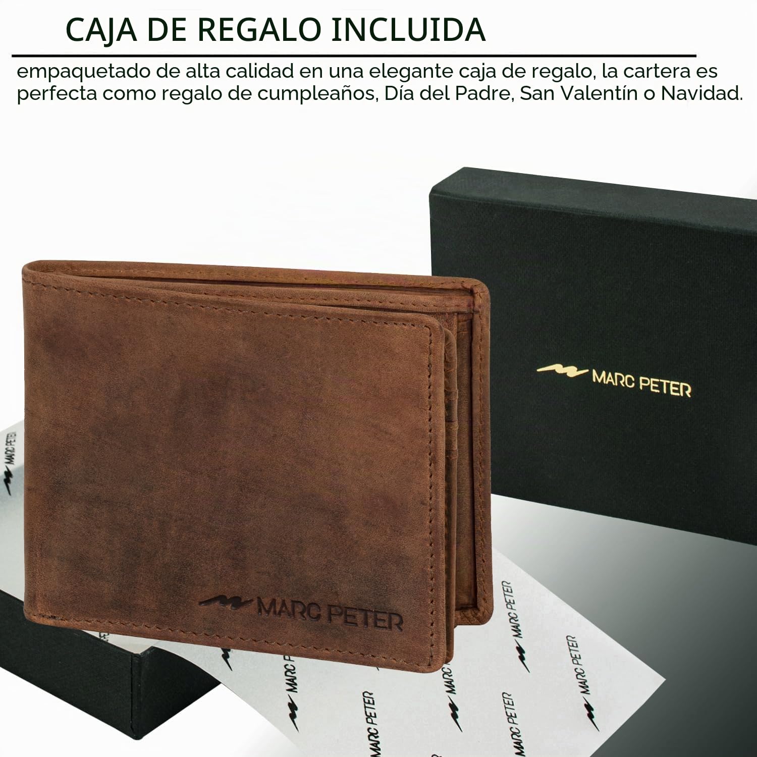 Marc Peter® Hanover - Cartera de piel auténtica para hombre con protección RFID, 10 compartimentos, Bronceado vintage con compartimento Airtag, MIT AIRTAG-FACH, Clásico