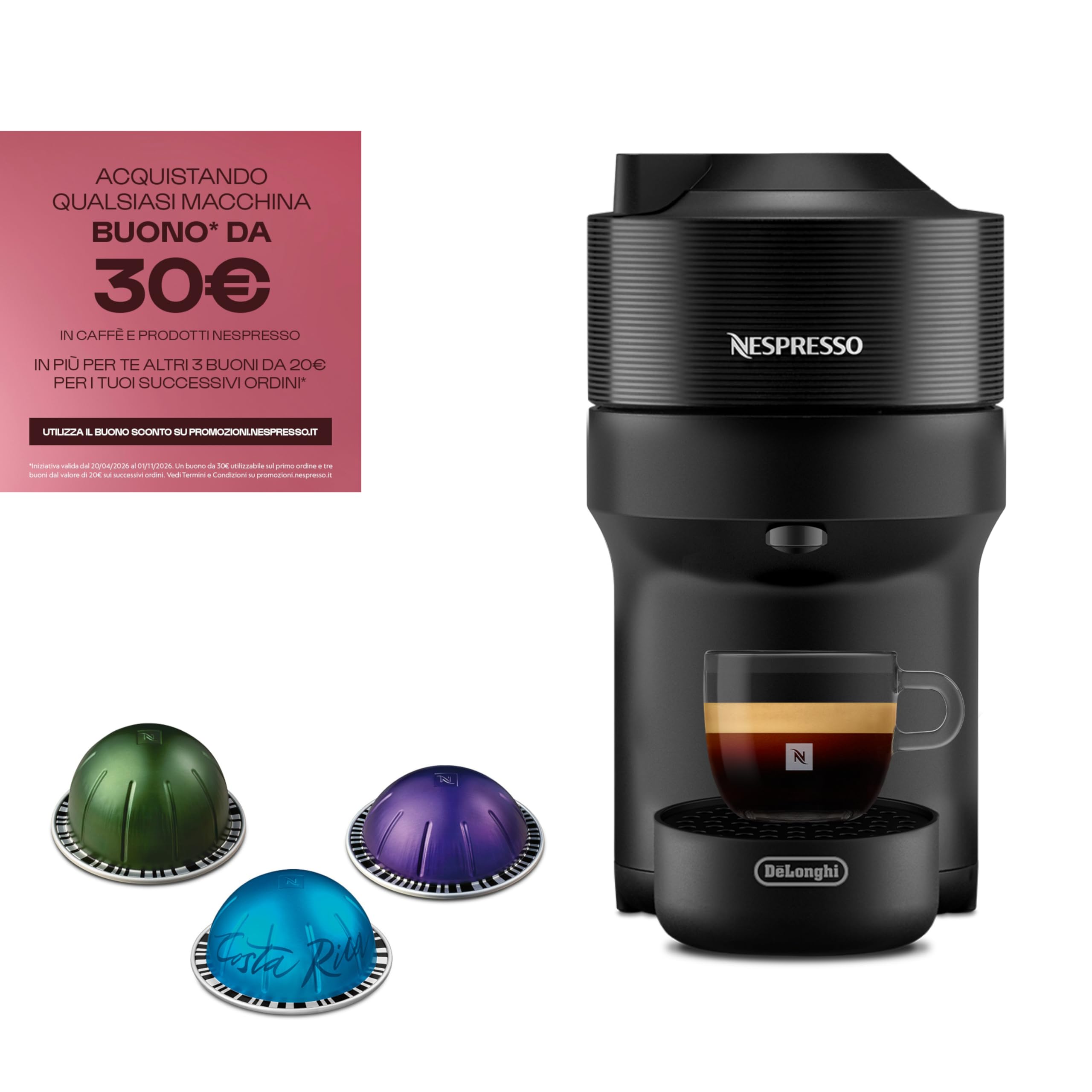 De'Longhi Nespresso Vertuo Pop ENV90.B, Macchina Caffè a Capsule con Tecnologia Centrifusion, 4 Formati in Tazza, Incluso Set di Benvenuto con 12 Capsule, 1260W, Liquorice Black