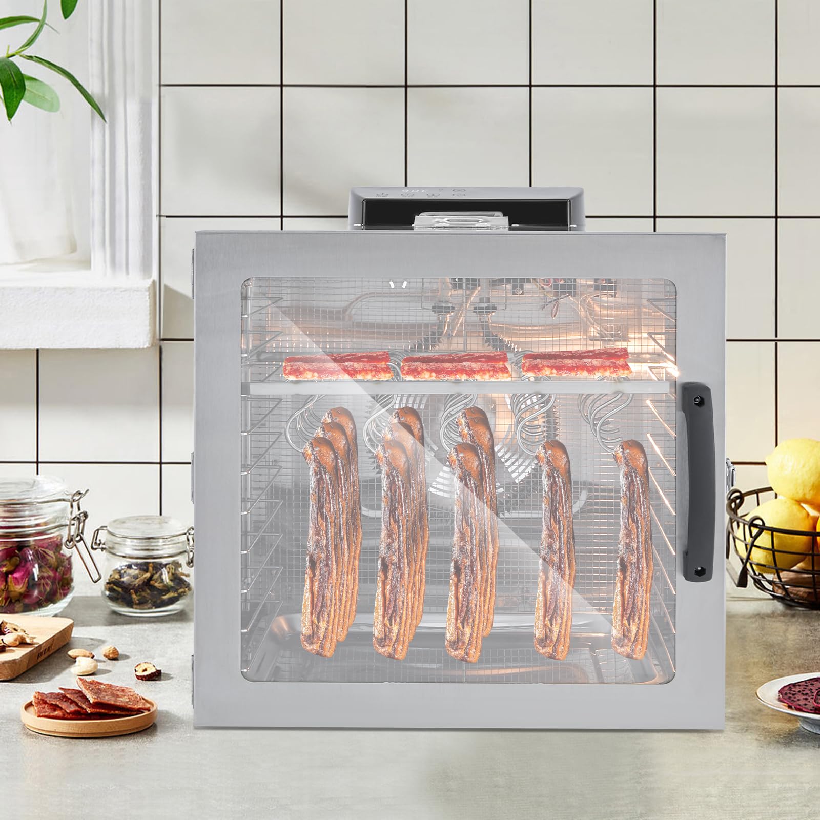 Deshidratador de alimentos de acero inoxidable, 10 pisos, 1000 W, para frutas y verduras, para el hogar, 42,5 l, gran volumen para familias, LED y control de tiempo